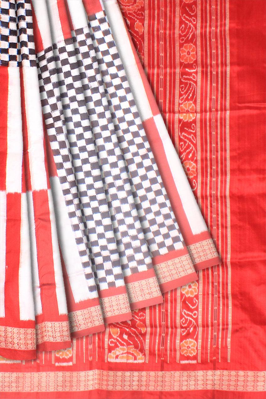 Full body Check design White and Red color Sambalpuri Pata saree with blouse piece. - Koshali Arts & Crafts Enterprise
