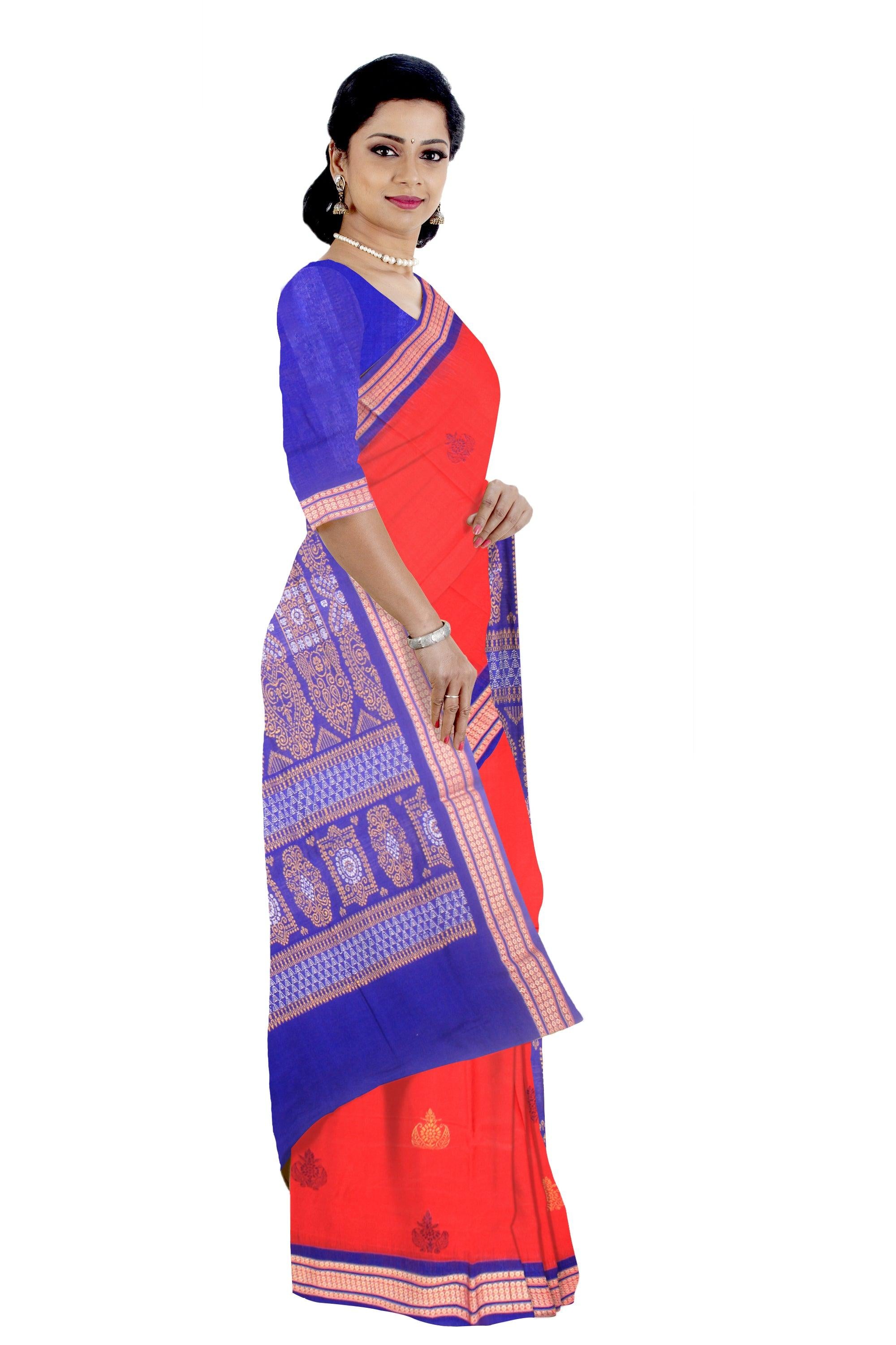 Sambalpuri cotton saree in Red and Blue base with blouse piece. - Koshali Arts & Crafts Enterprise