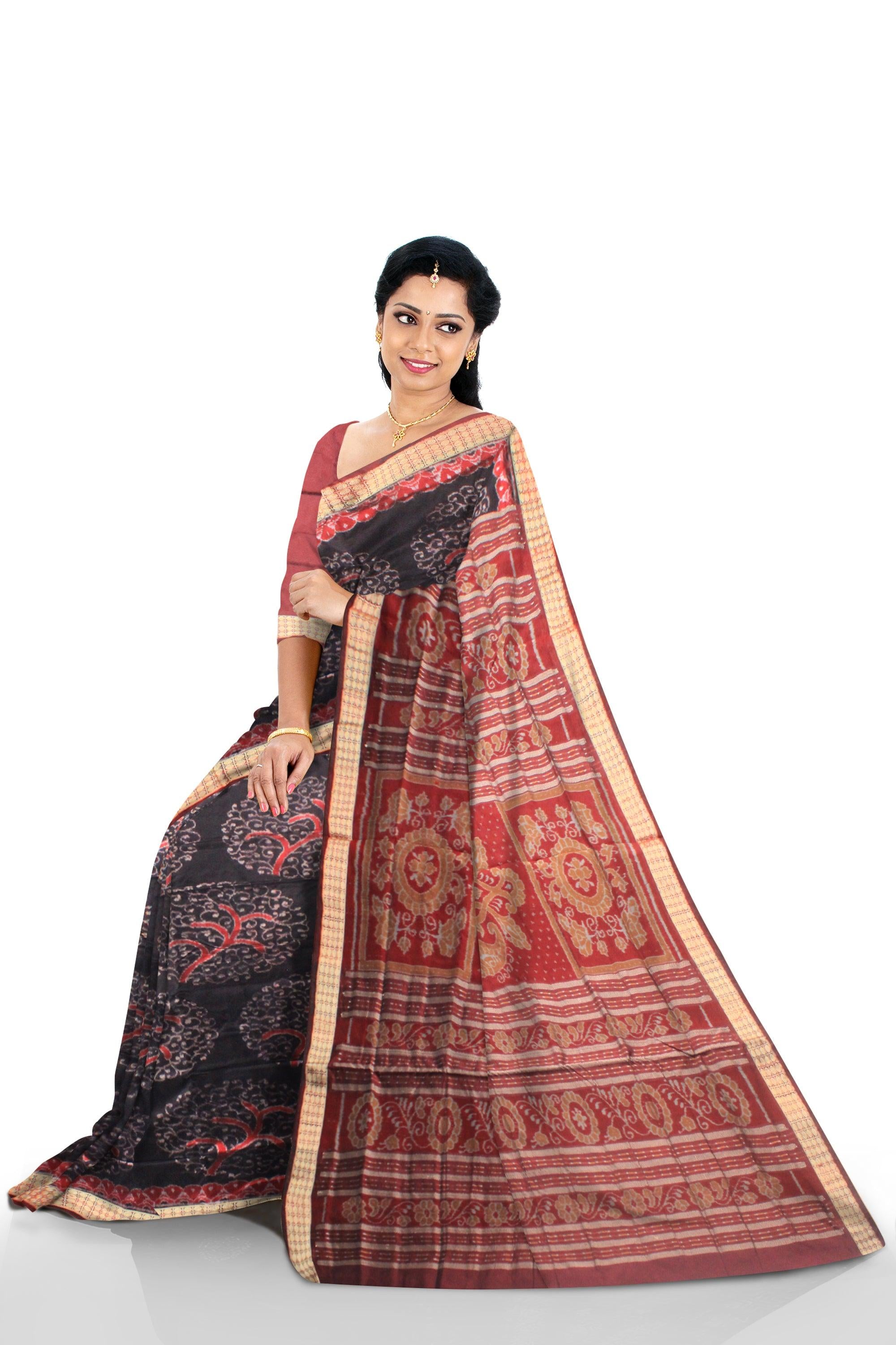 New Design ikat pattern Sambalpuri Pata Saree in  black and maroon  Color base, with black blouse piece . - Koshali Arts & Crafts Enterprise