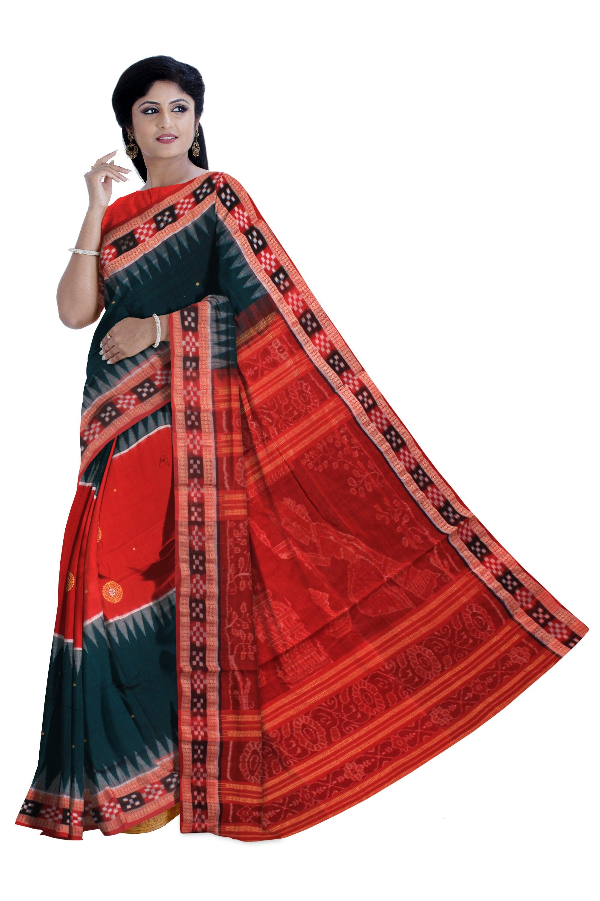 A Sambalpuri cotton saree in Dark green and Red color Dhadisapta design,with blouse piece. - Koshali Arts & Crafts Enterprise
