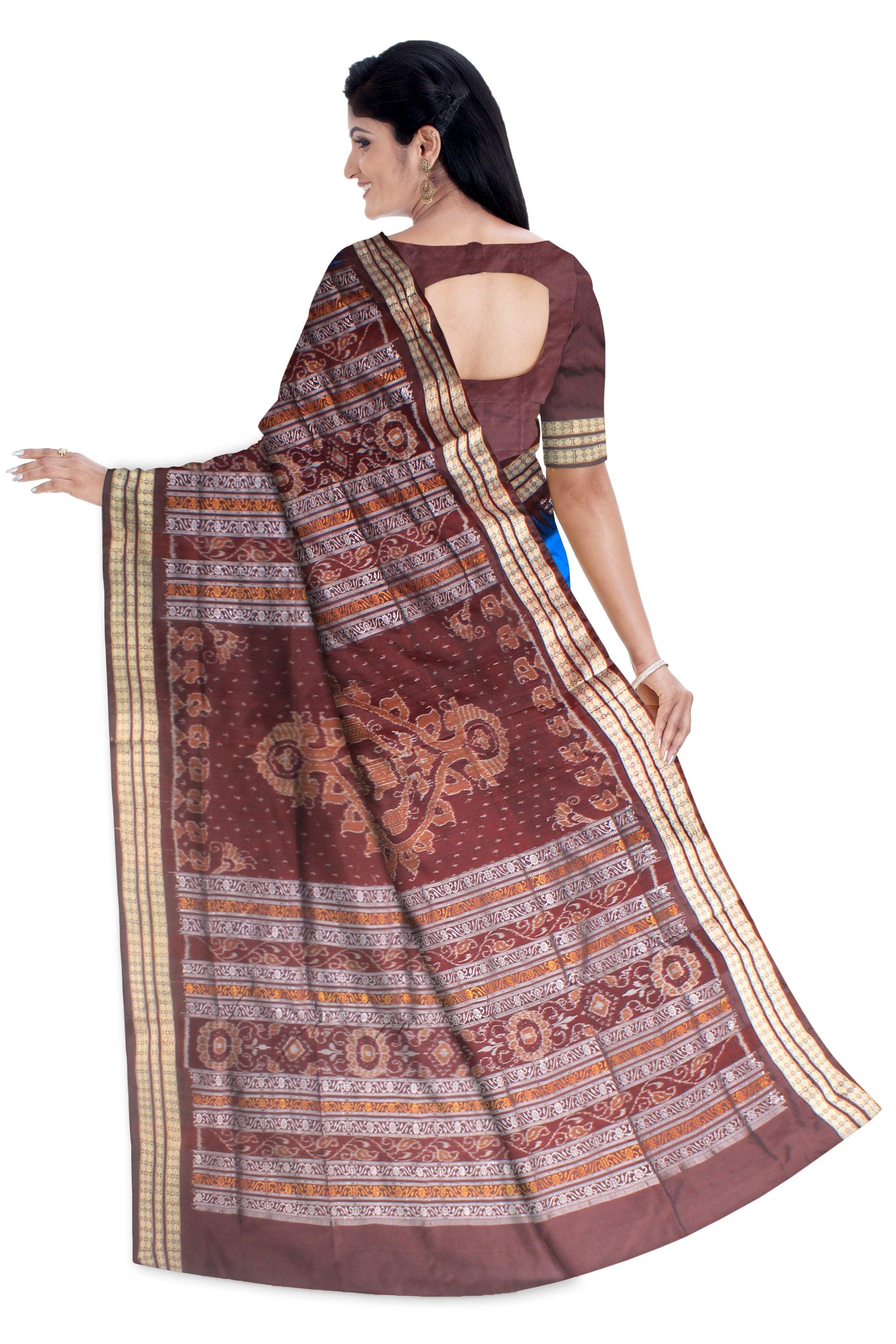 A sambalpuri saree in blue and coffee color  base , with blouse piece. - Koshali Arts & Crafts Enterprise