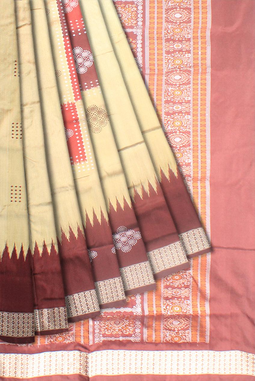 A sambalpuri  pata saree in Golden (peach) and maroon color, with blouse piece. - Koshali Arts & Crafts Enterprise