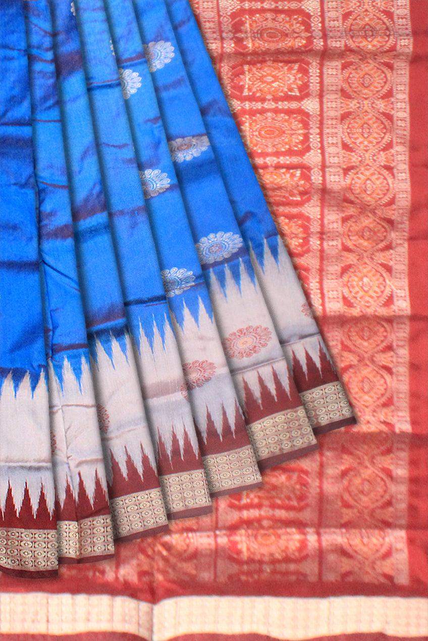 A sambalpuri pata saree is maroon , dark blue and silver color base, with blouse piece. - Koshali Arts & Crafts Enterprise