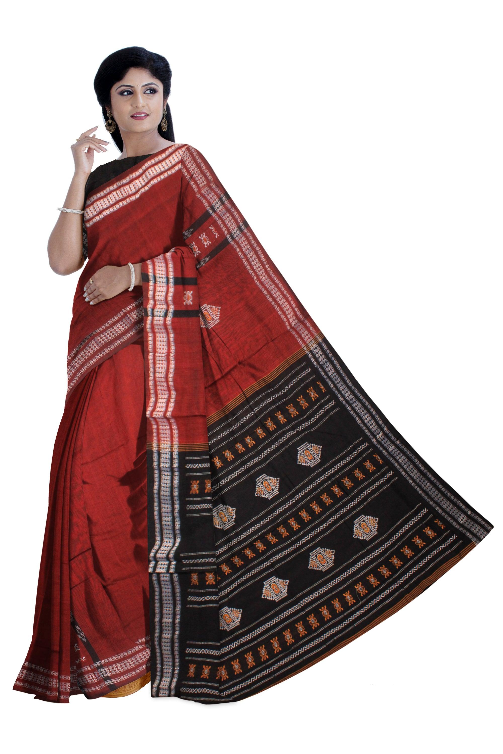 SAMBALPURI COTTON SAREE IN MAROON COLOUR WITH BLOUSE PIECE. - Koshali Arts & Crafts Enterprise