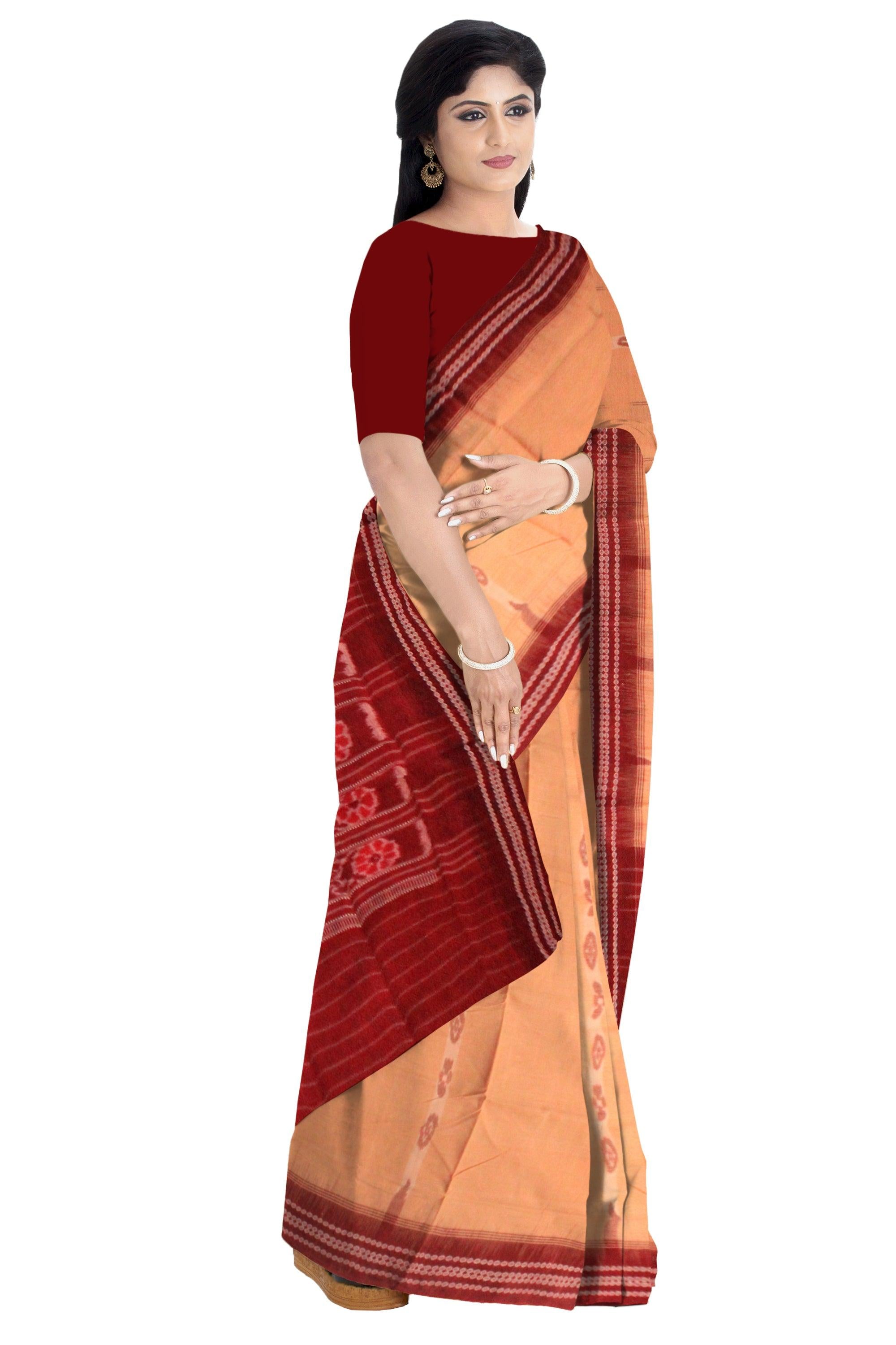 A sambalpuri cotton saree in light yellow color and coffee color base, with out  blouse piece. - Koshali Arts & Crafts Enterprise