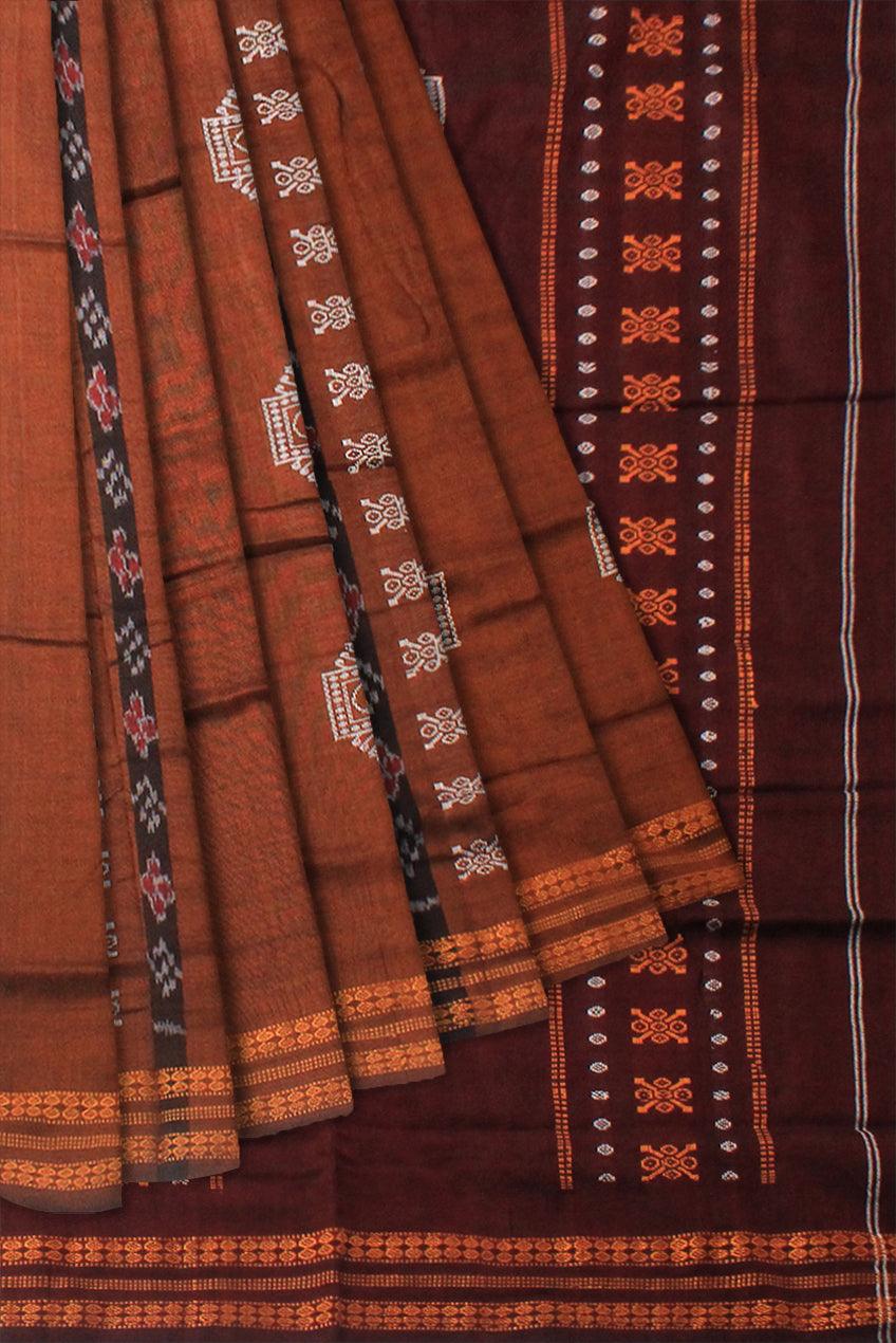 SAMBALPURI COTTON SAREE IN BROWN  COLOUR WITH BLOUSE PIECE. - Koshali Arts & Crafts Enterprise