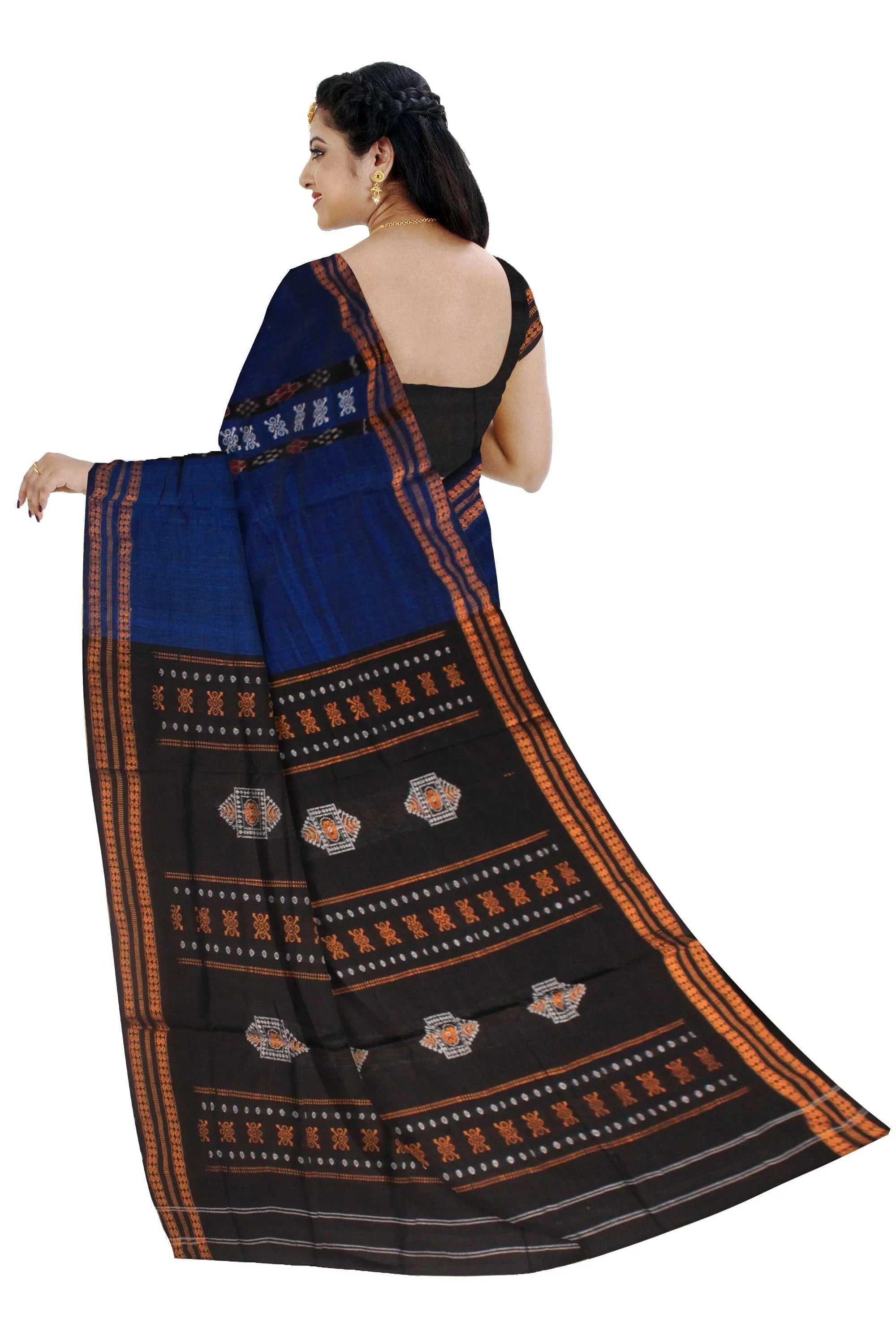 SAMBALPURI COTTON SAREE IN DARK BLUE AND BLACK COLOR WITH BLOUSE PIECE. - Koshali Arts & Crafts Enterprise