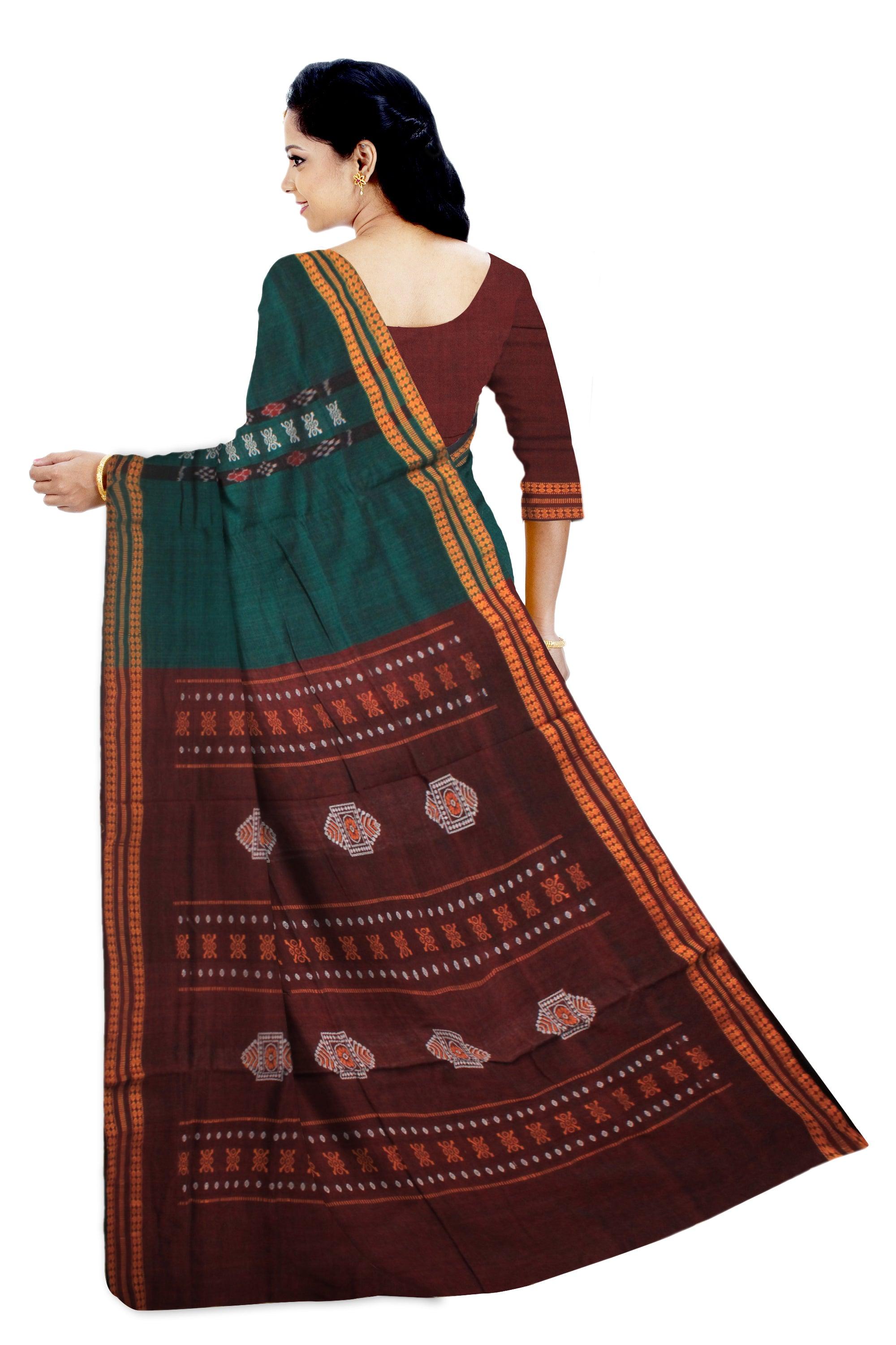 BOMKEI DESIGN  COTTON SAREE IN PERSIAN GREEN AND BLACK  COLOUR. - Koshali Arts & Crafts Enterprise