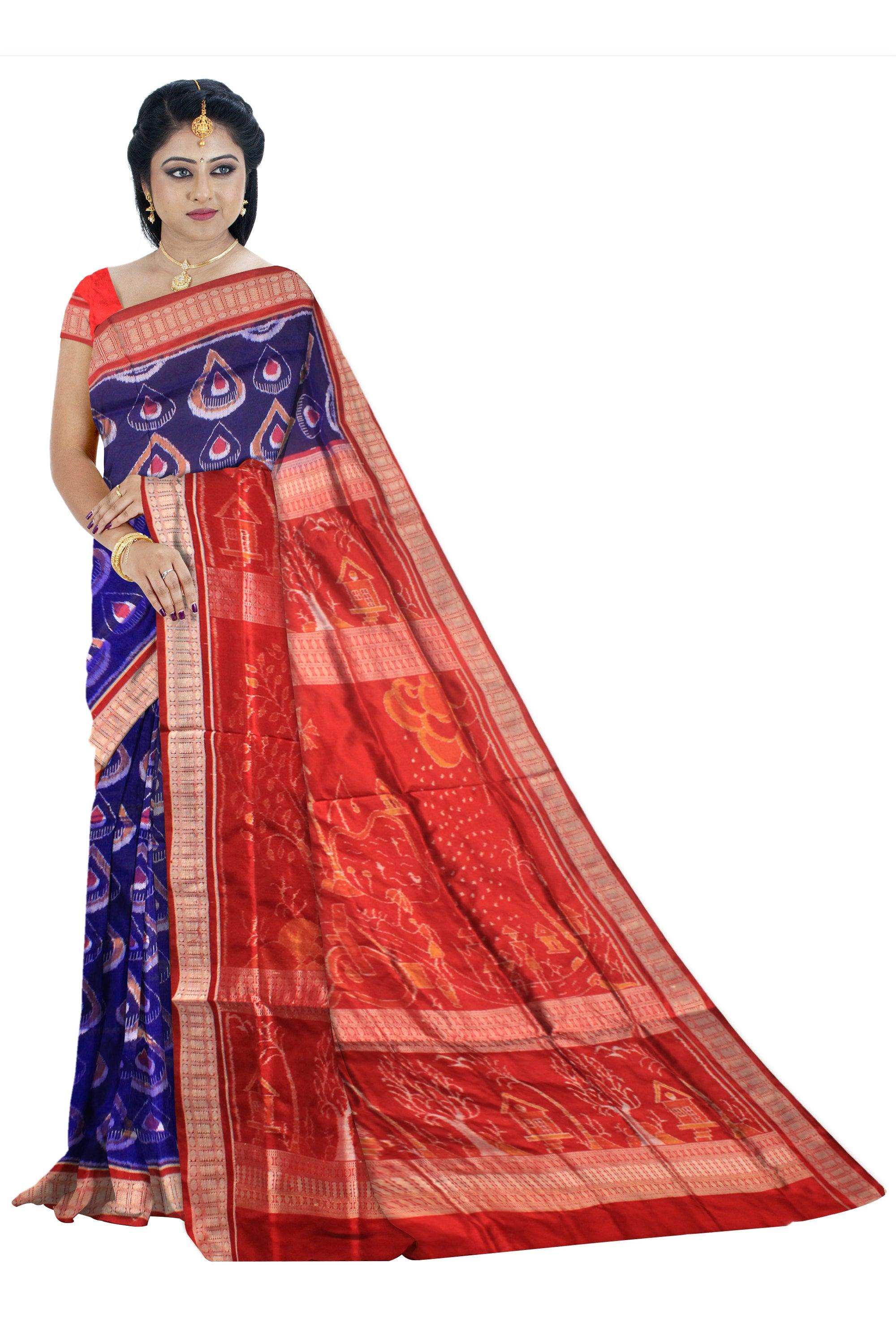 SAMBALPURI PATA SAREE IN BLUE AND RED COLOR , WITH BLOUSE PIECE. - Koshali Arts & Crafts Enterprise