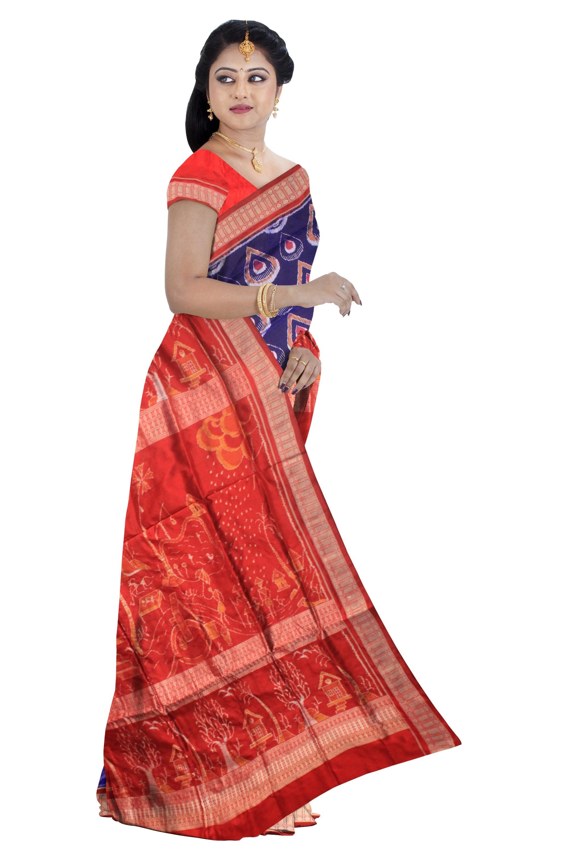 SAMBALPURI PATA SAREE IN BLUE AND RED COLOR , WITH BLOUSE PIECE. - Koshali Arts & Crafts Enterprise