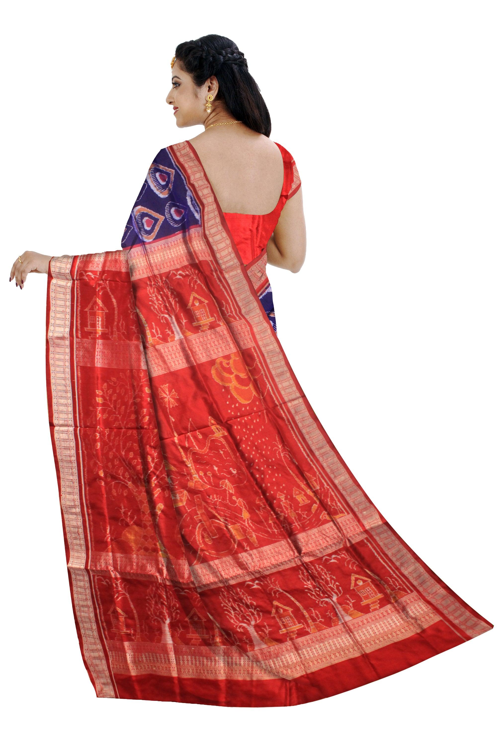 SAMBALPURI PATA SAREE IN BLUE AND RED COLOR , WITH BLOUSE PIECE. - Koshali Arts & Crafts Enterprise