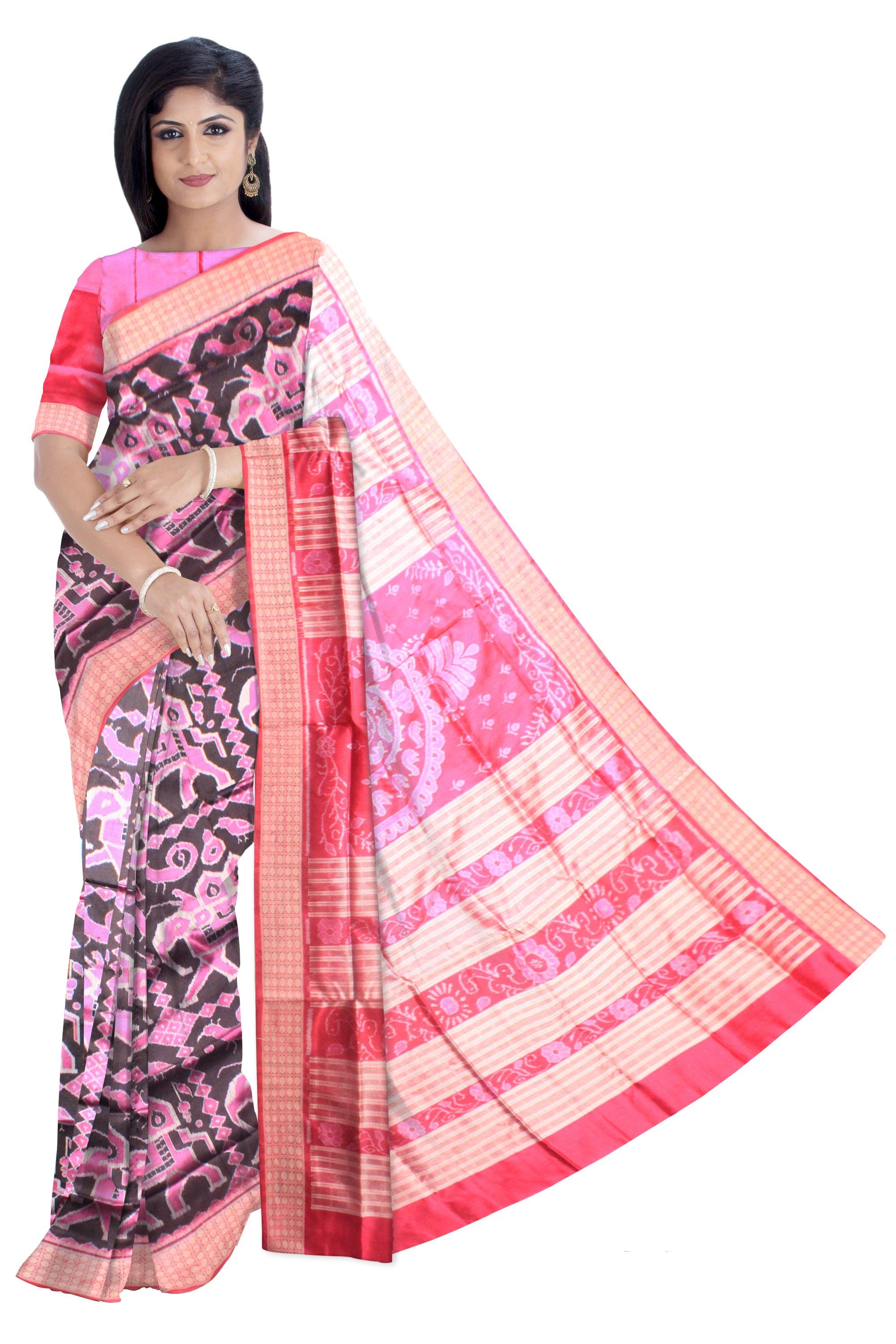 The royal elephant pata saree in black and pink color with blouse piece. - Koshali Arts & Crafts Enterprise