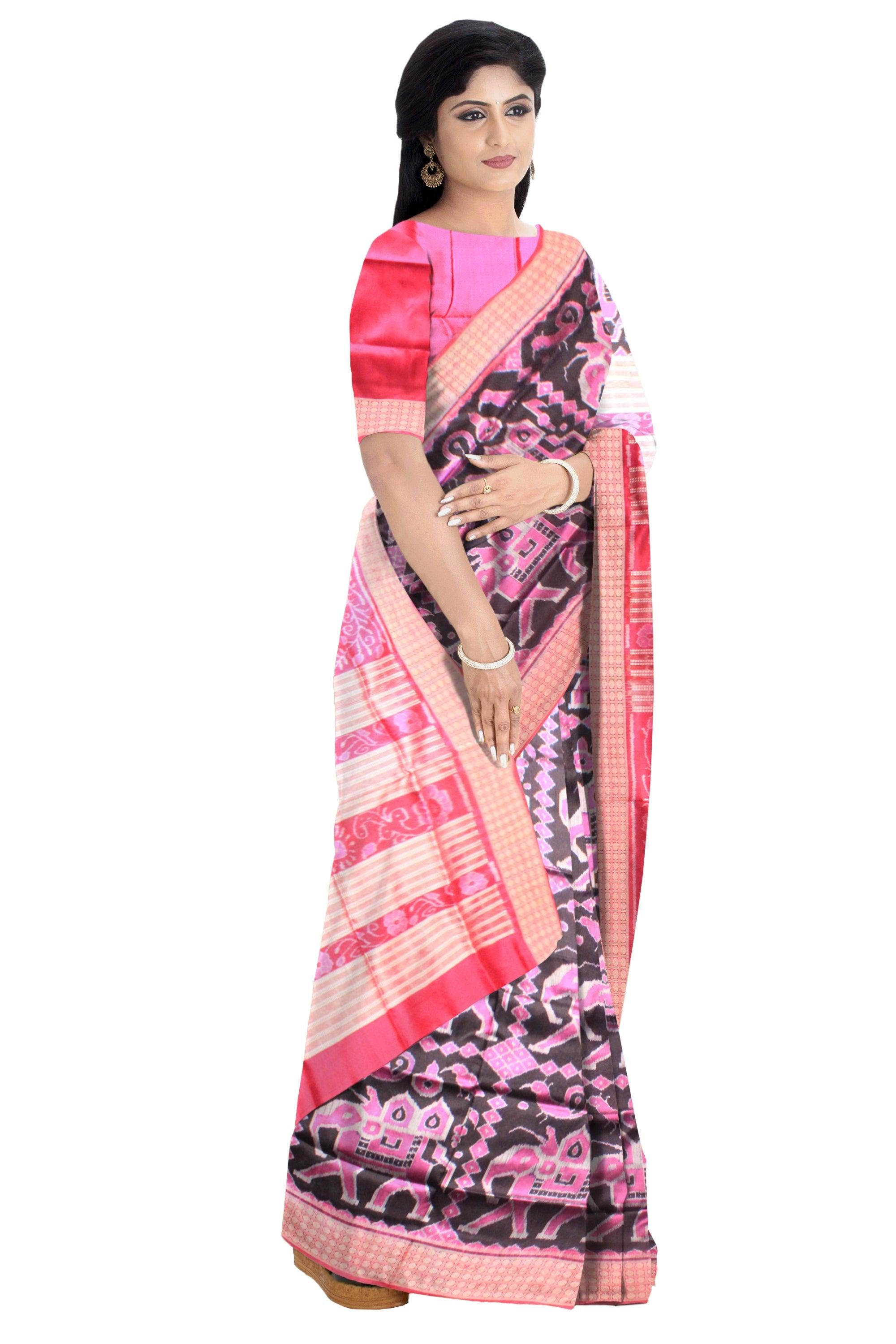 The royal elephant pata saree in black and pink color with blouse piece. - Koshali Arts & Crafts Enterprise