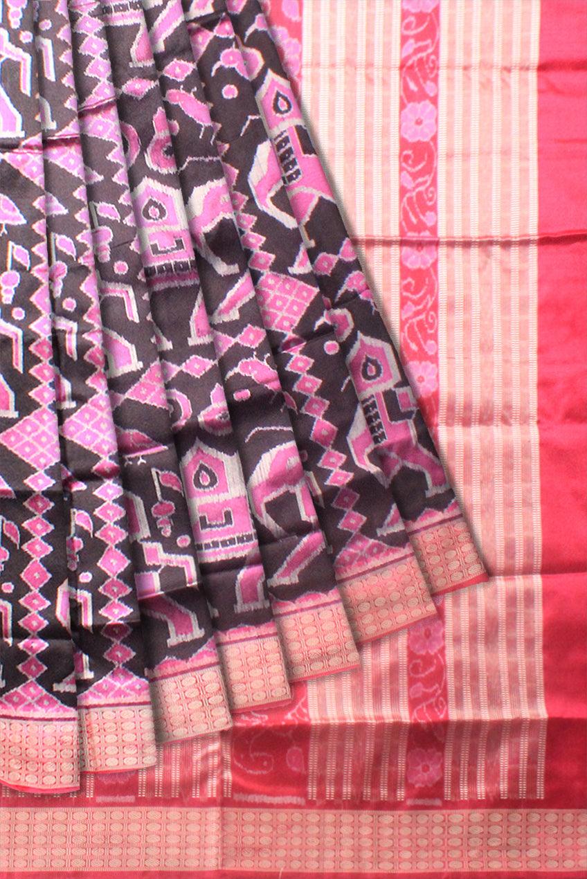 The royal elephant pata saree in black and pink color with blouse piece. - Koshali Arts & Crafts Enterprise