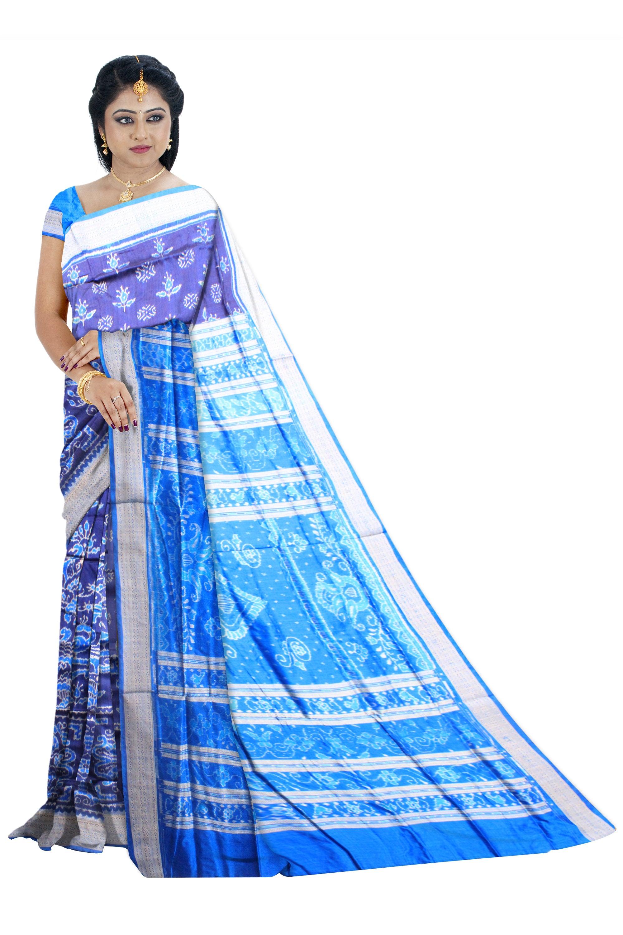 Mayuri print sambalpuri pata saree in blue and sky color with blouse piece. - Koshali Arts & Crafts Enterprise