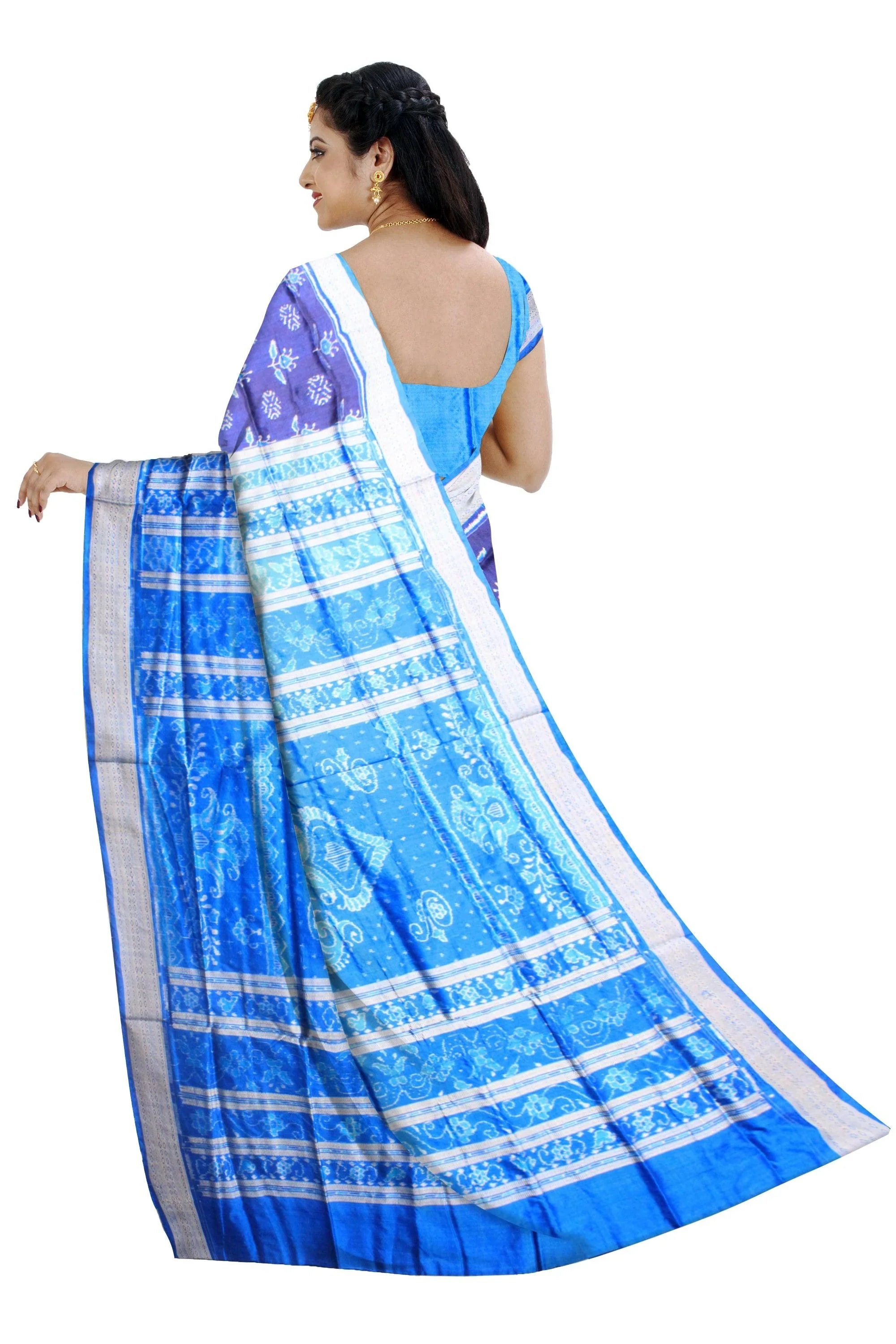 Mayuri print sambalpuri pata saree in blue and sky color with blouse piece. - Koshali Arts & Crafts Enterprise