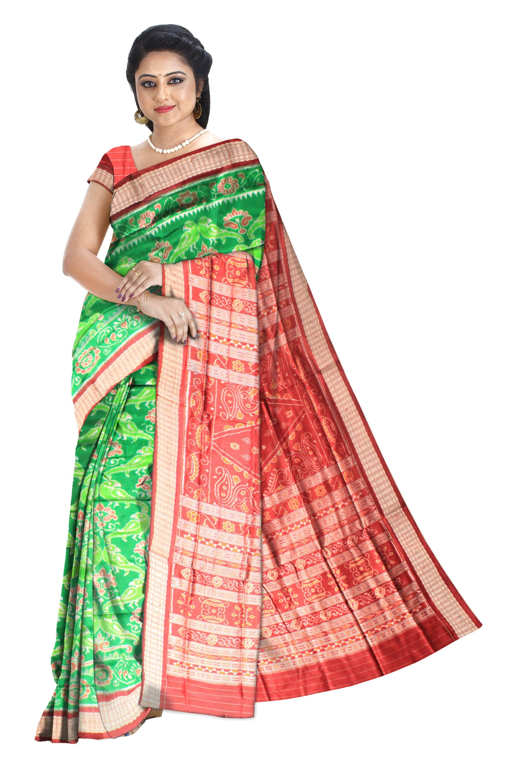 LATEST GREEN COLOR PARROT DESIGN SONEPUR PATA SAREE IN PURE SILK - Koshali Arts & Crafts Enterprise