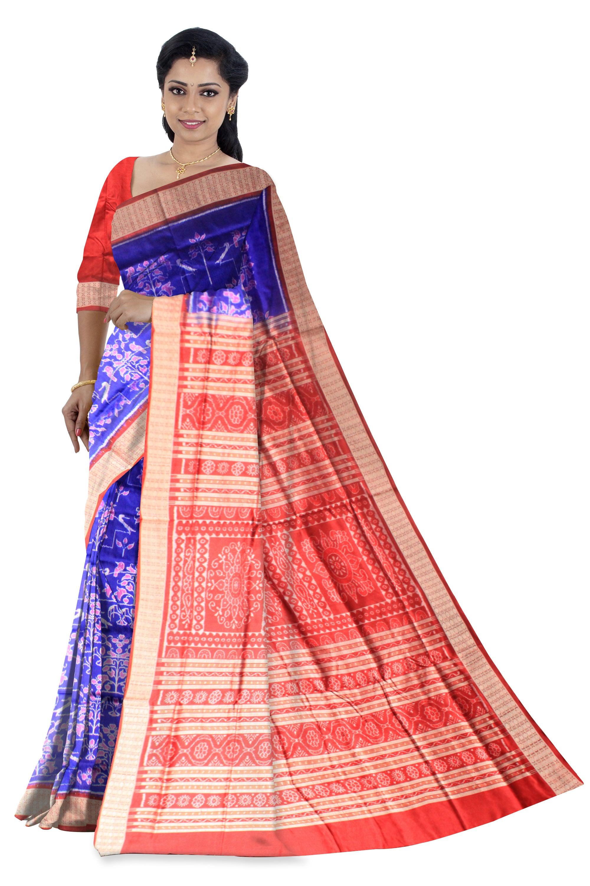 BLUE COLOR SONEPURI BANDHA DESIGNED PATA SAREE IN BIRDS AND TREES PATTERN - Koshali Arts & Crafts Enterprise