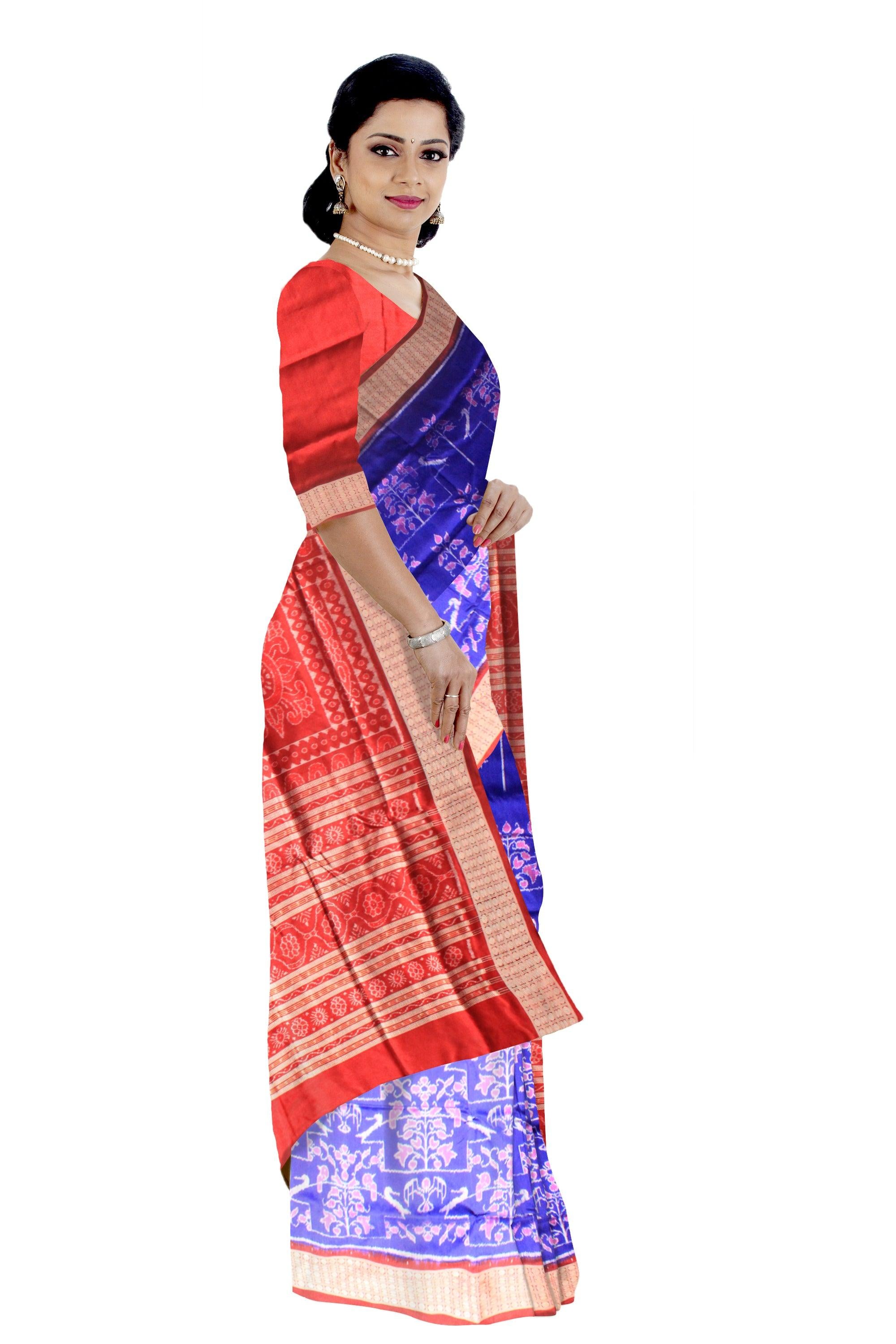 BLUE COLOR SONEPURI BANDHA DESIGNED PATA SAREE IN BIRDS AND TREES PATTERN - Koshali Arts & Crafts Enterprise