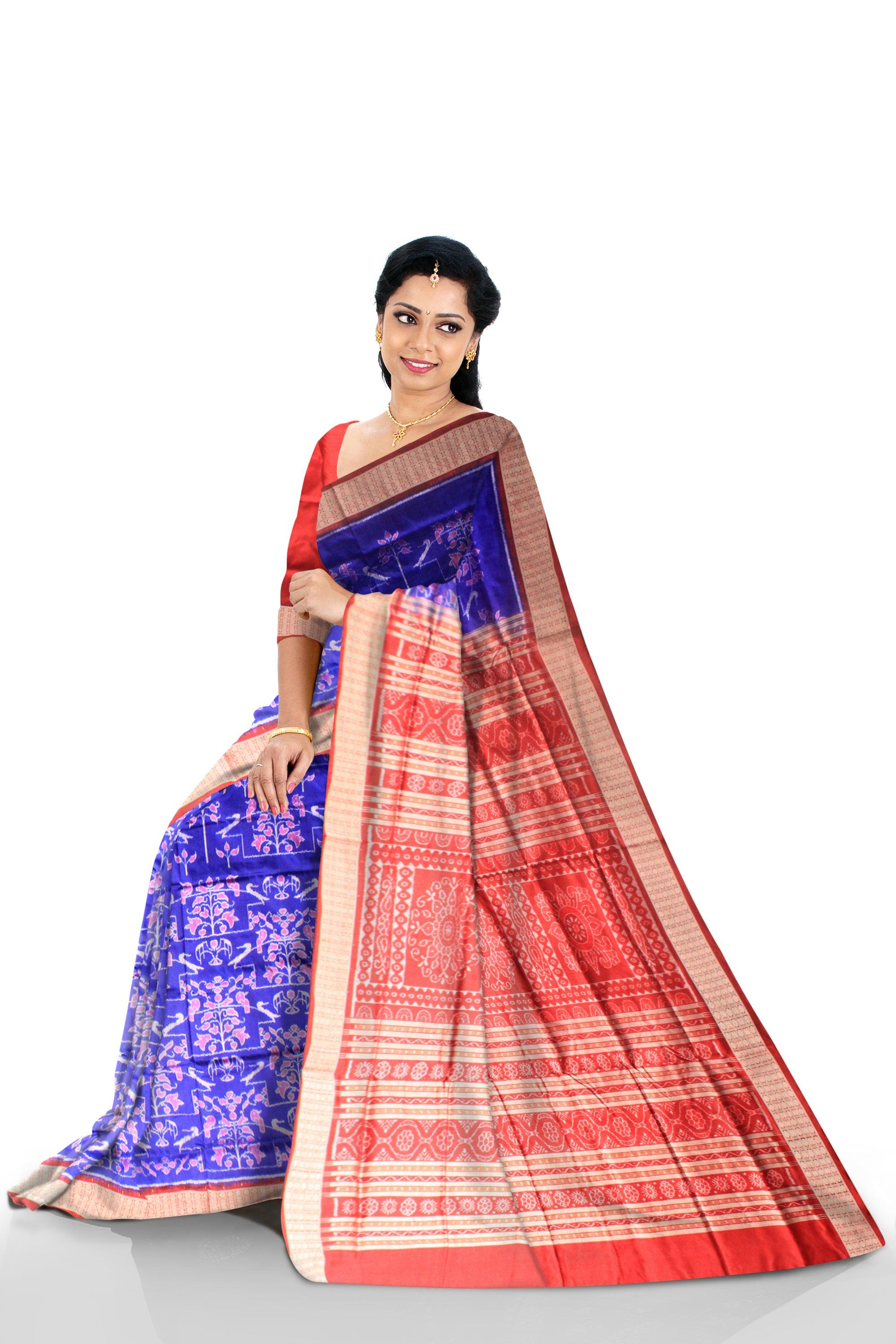 BLUE COLOR SONEPURI BANDHA DESIGNED PATA SAREE IN BIRDS AND TREES PATTERN - Koshali Arts & Crafts Enterprise