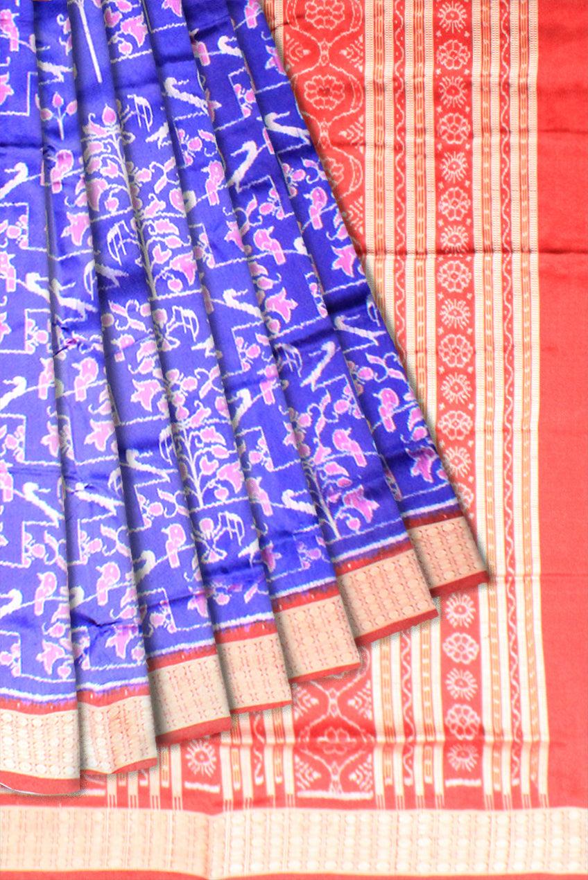 BLUE COLOR SONEPURI BANDHA DESIGNED PATA SAREE IN BIRDS AND TREES PATTERN - Koshali Arts & Crafts Enterprise