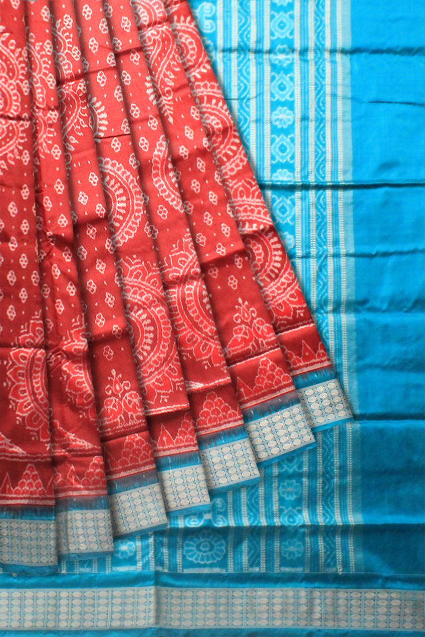 Latest design sambalpuri pata  saree in red and sky color with blouse piece. - Koshali Arts & Crafts Enterprise