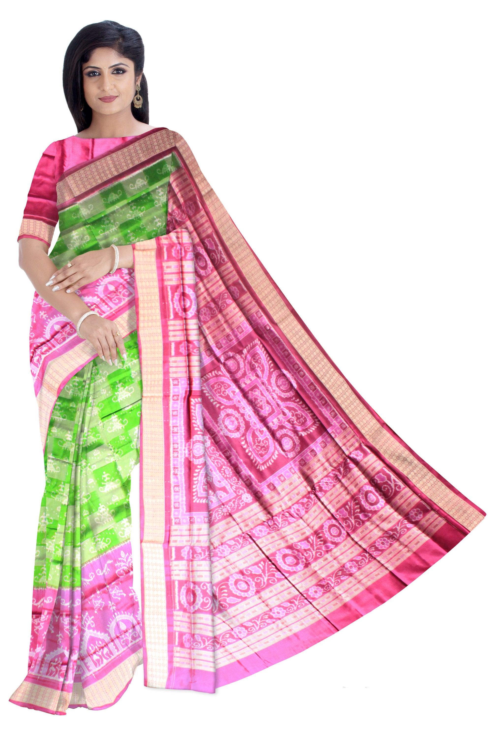 Latest terracotta design sambalpuri pata saree in green and light pink with blouse piece. - Koshali Arts & Crafts Enterprise