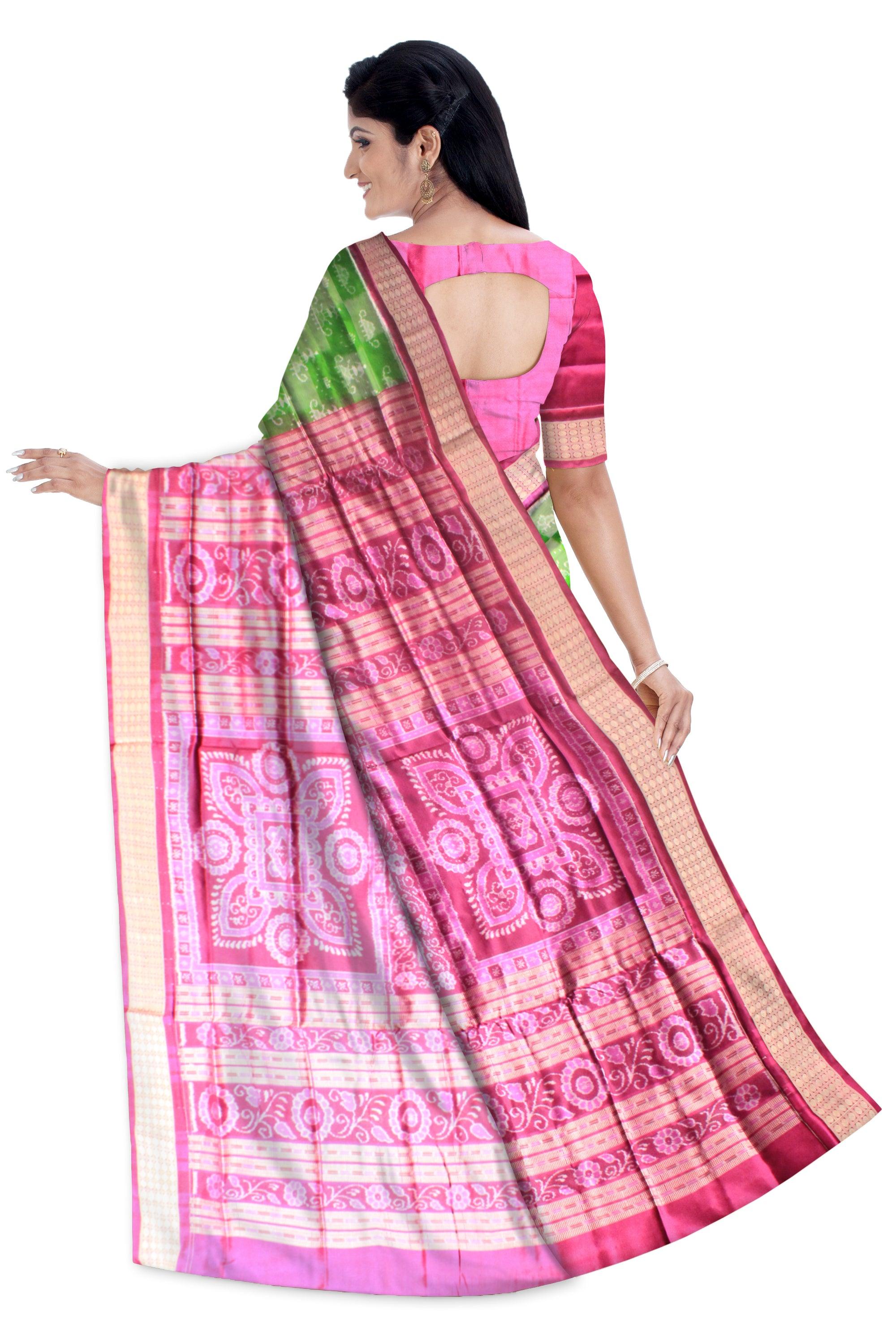 Latest terracotta design sambalpuri pata saree in green and light pink with blouse piece. - Koshali Arts & Crafts Enterprise