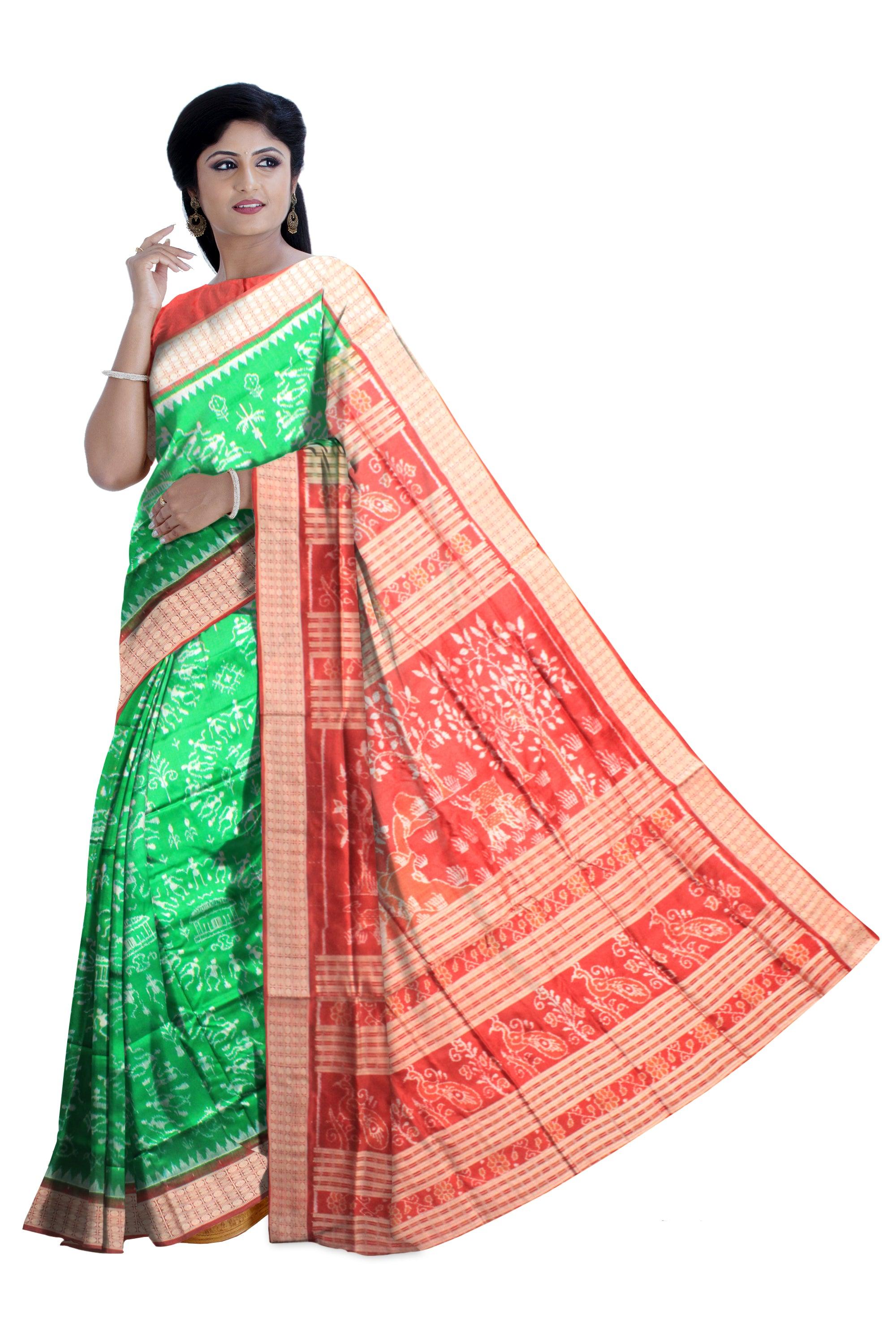 Latest beautiful sambalpuri saree based on village design in green and red with blouse piece. - Koshali Arts & Crafts Enterprise