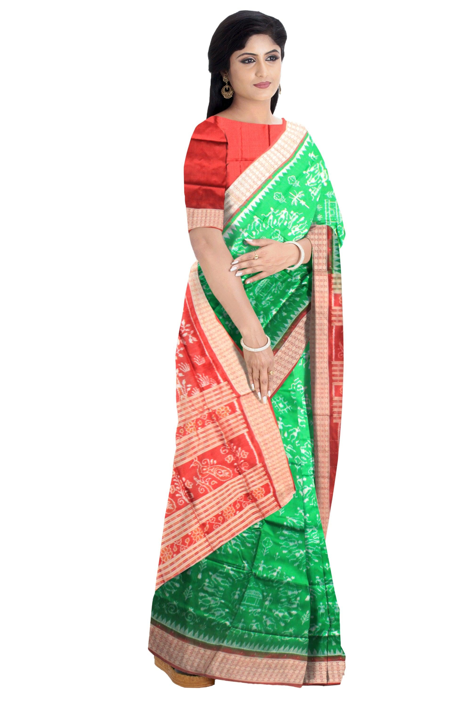 Latest beautiful sambalpuri saree based on village design in green and red with blouse piece. - Koshali Arts & Crafts Enterprise