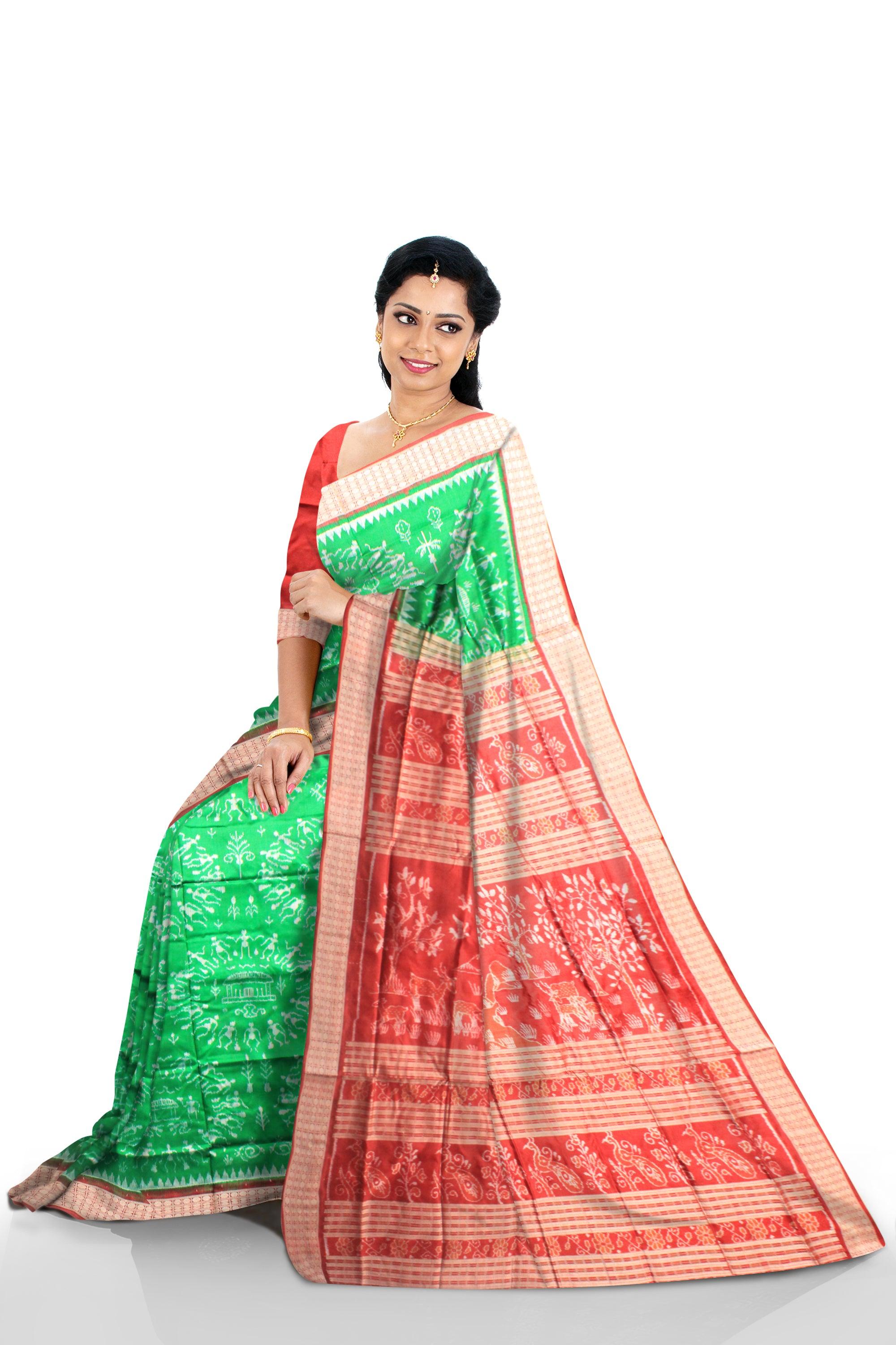 Latest beautiful sambalpuri saree based on village design in green and red with blouse piece. - Koshali Arts & Crafts Enterprise