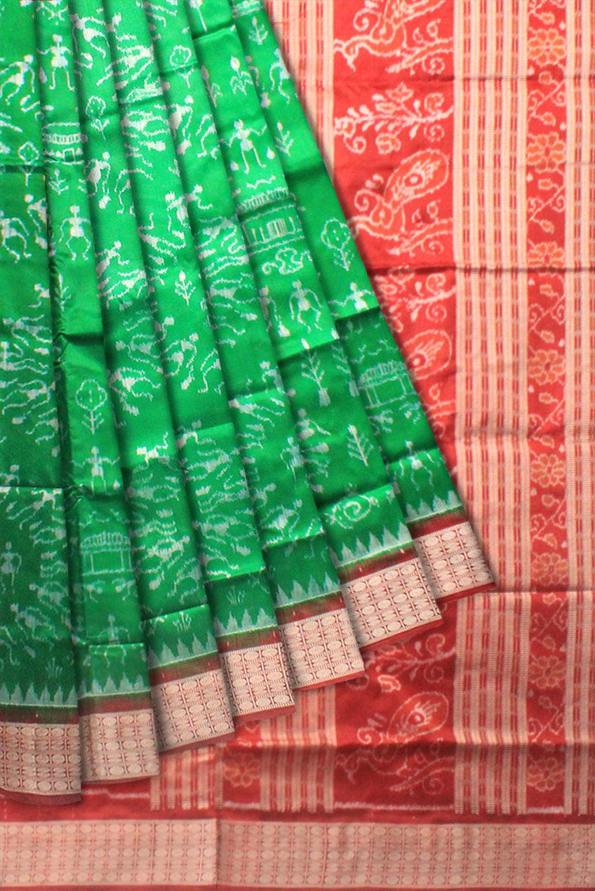 Latest beautiful sambalpuri saree based on village design in green and red with blouse piece. - Koshali Arts & Crafts Enterprise