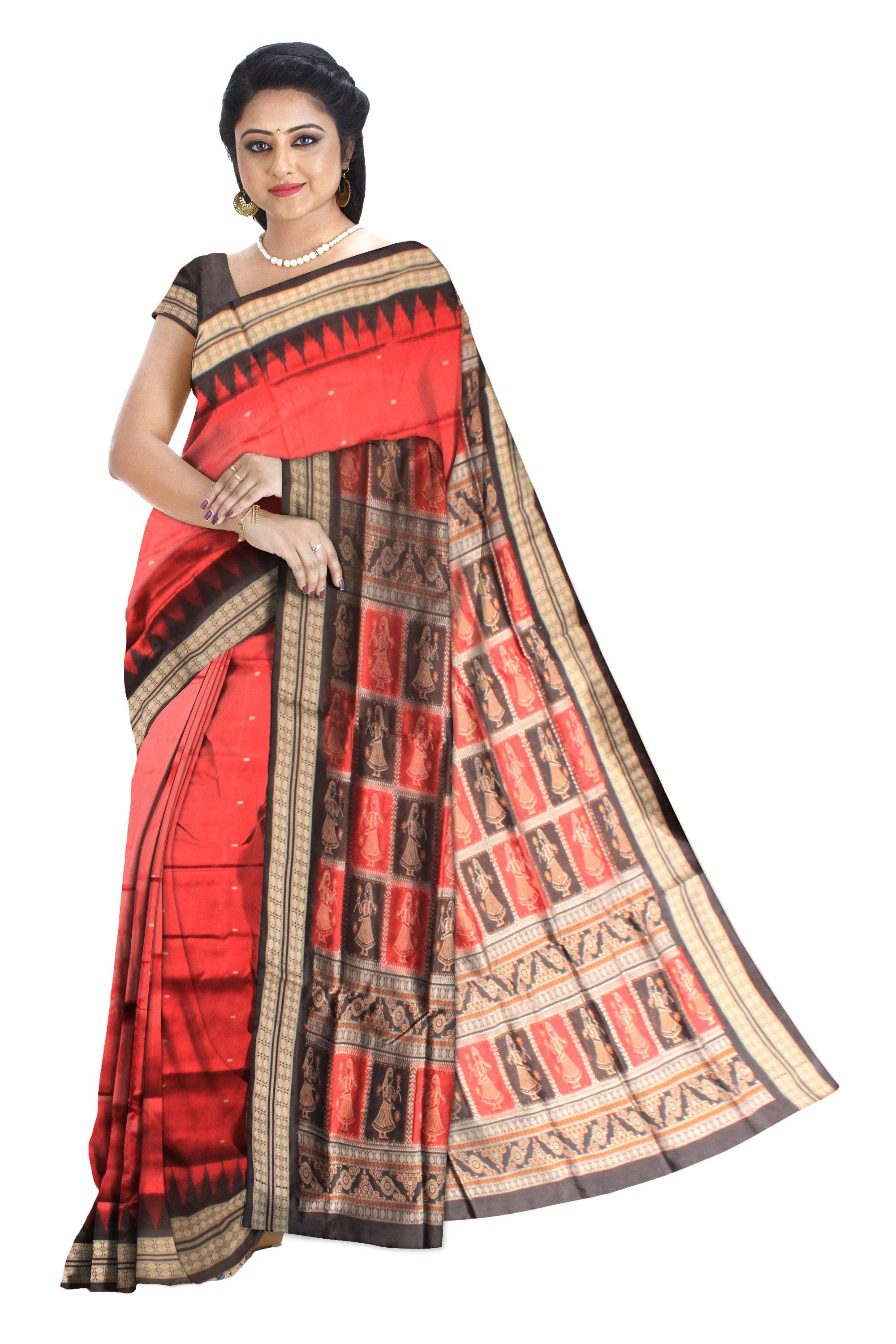 Small booty pattern and pallu doll print sambalpuri pata saree in maroon and black color with blouse piece. - Koshali Arts & Crafts Enterprise