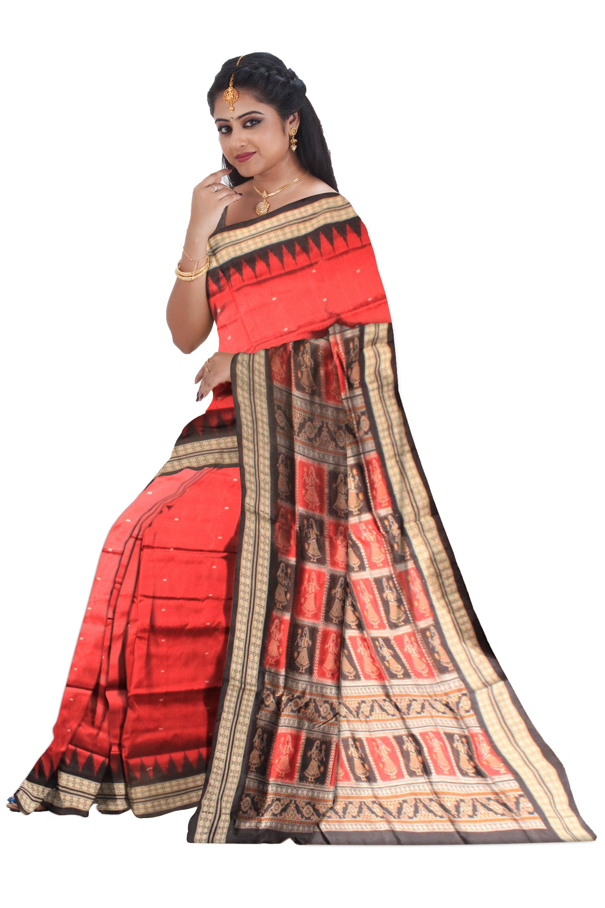 Small booty pattern and pallu doll print sambalpuri pata saree in maroon and black color with blouse piece. - Koshali Arts & Crafts Enterprise