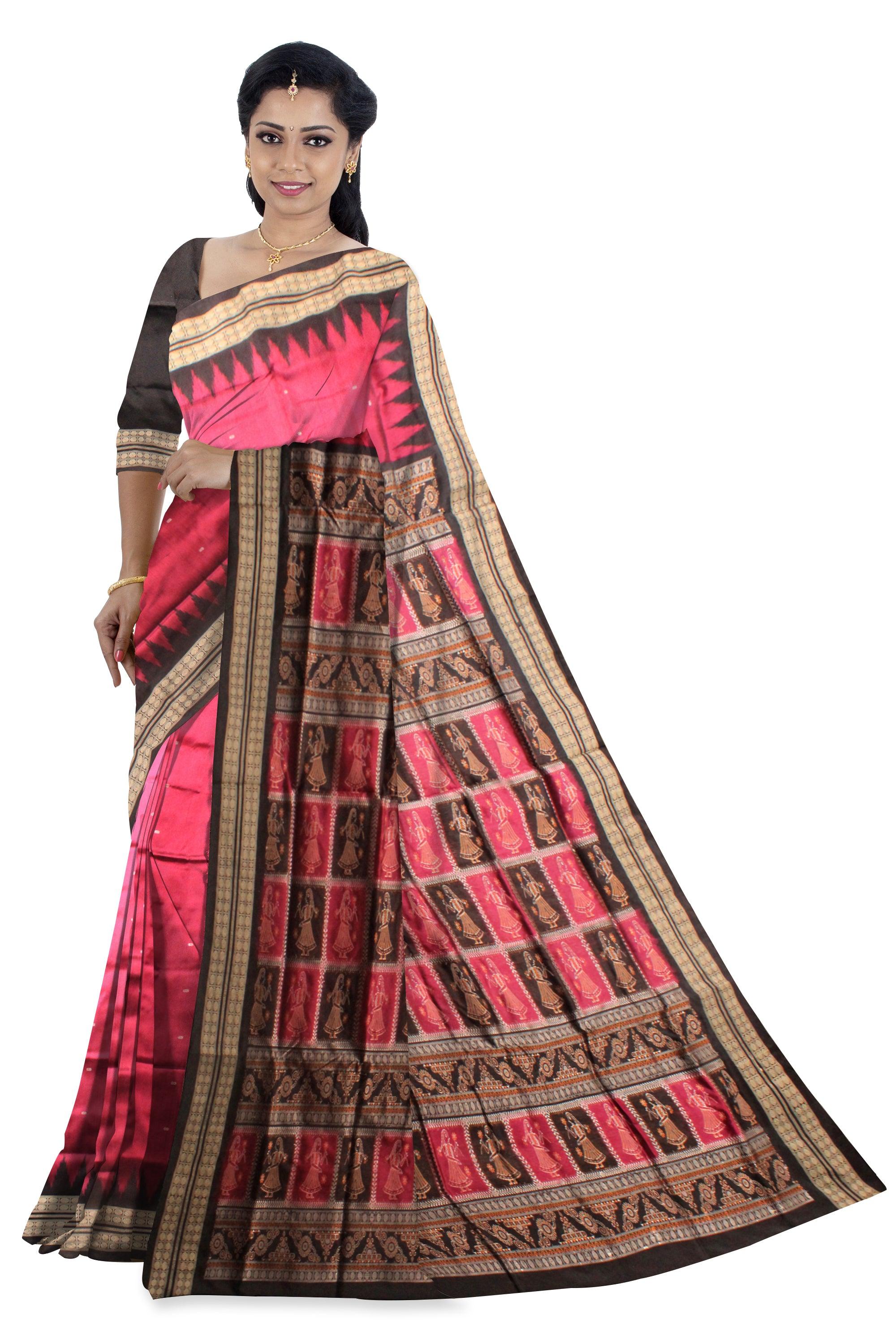 Booty pattern and doll printed sambalpuri pata saree in dark pink and black color, with blouse piece. - Koshali Arts & Crafts Enterprise