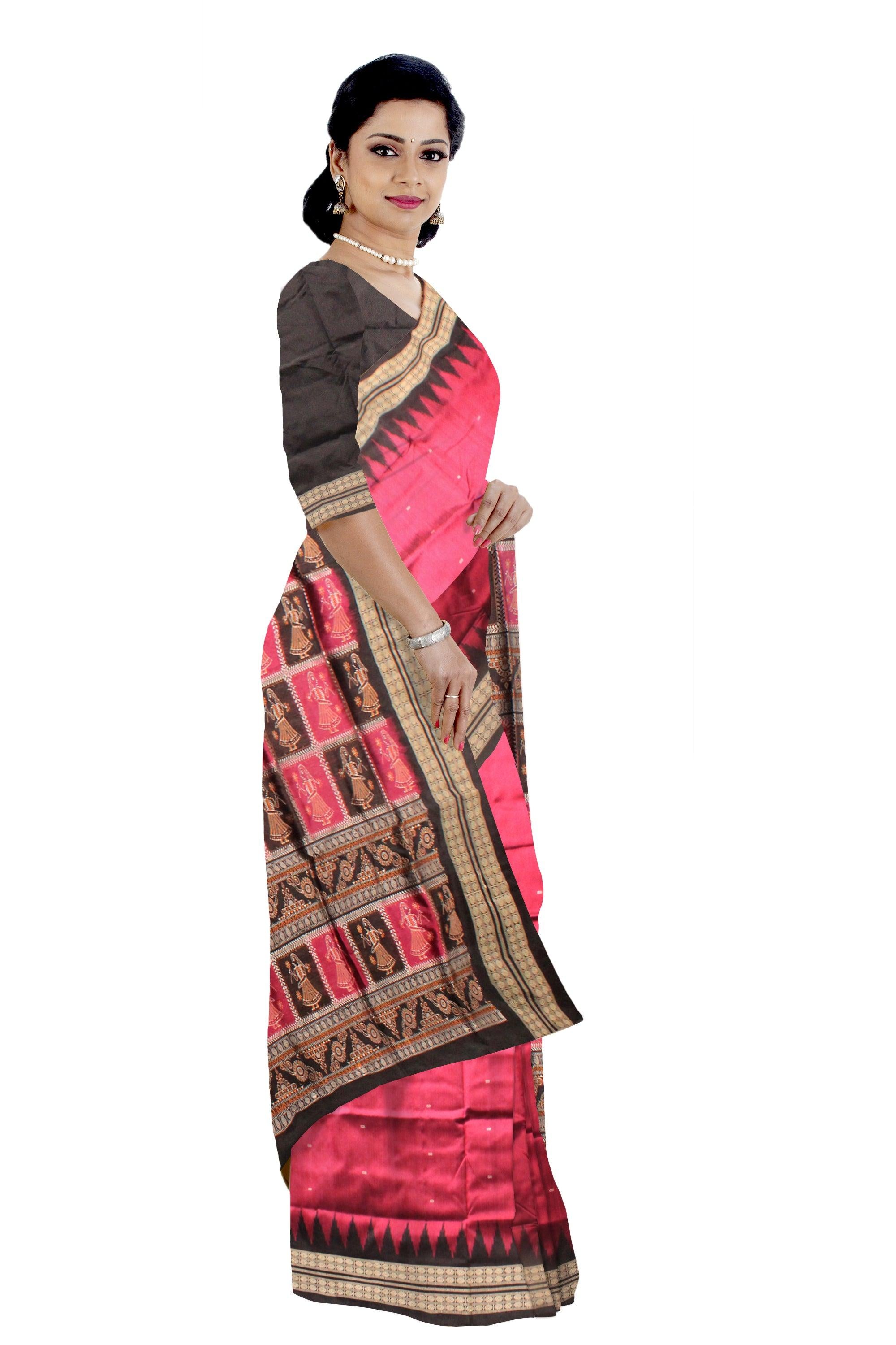 Booty pattern and doll printed sambalpuri pata saree in dark pink and black color, with blouse piece. - Koshali Arts & Crafts Enterprise