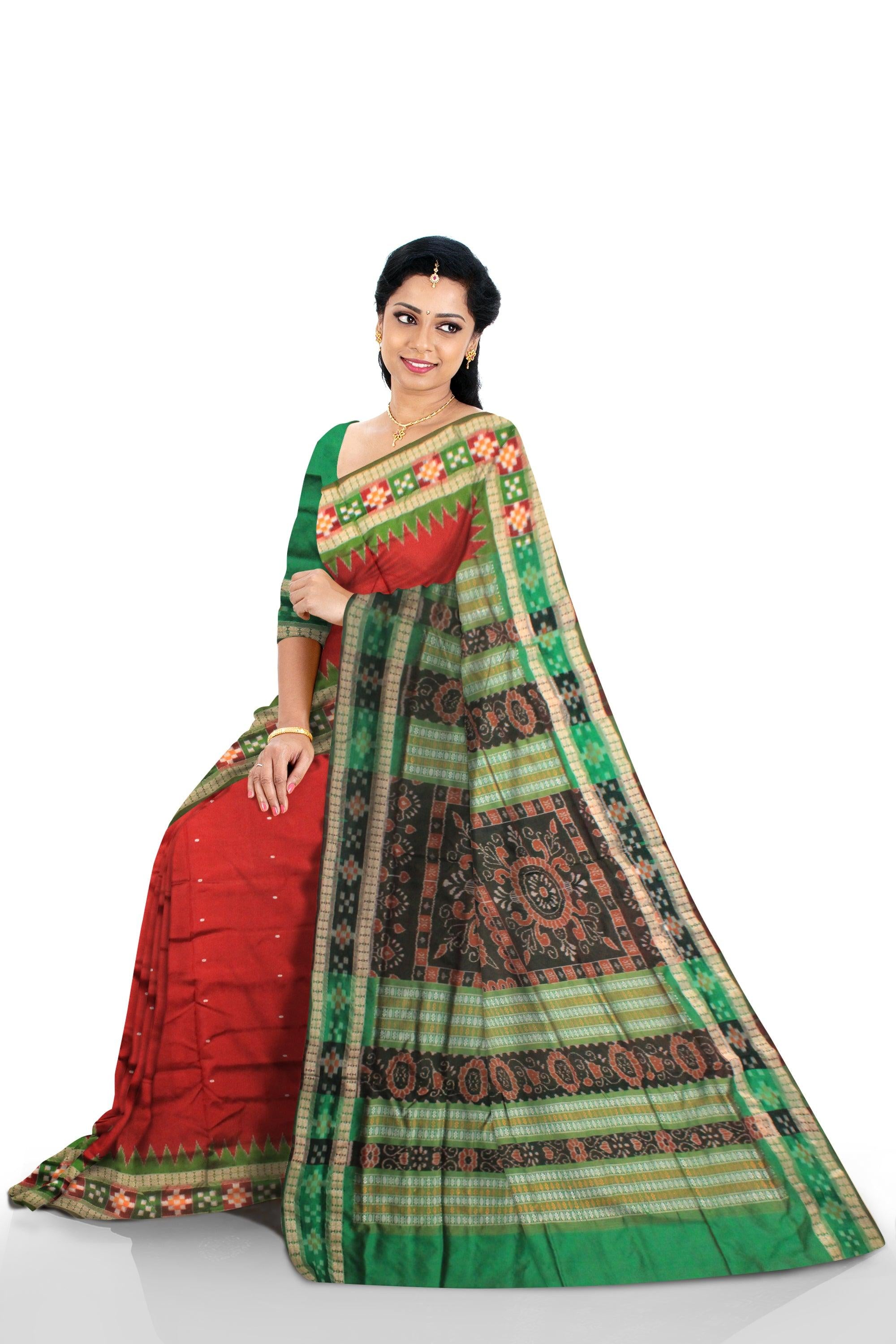 LATEST DESIGN RED AND GREEN COLOR DHADI SAPTA SAMBALPURI PATA SAREE. - Koshali Arts & Crafts Enterprise