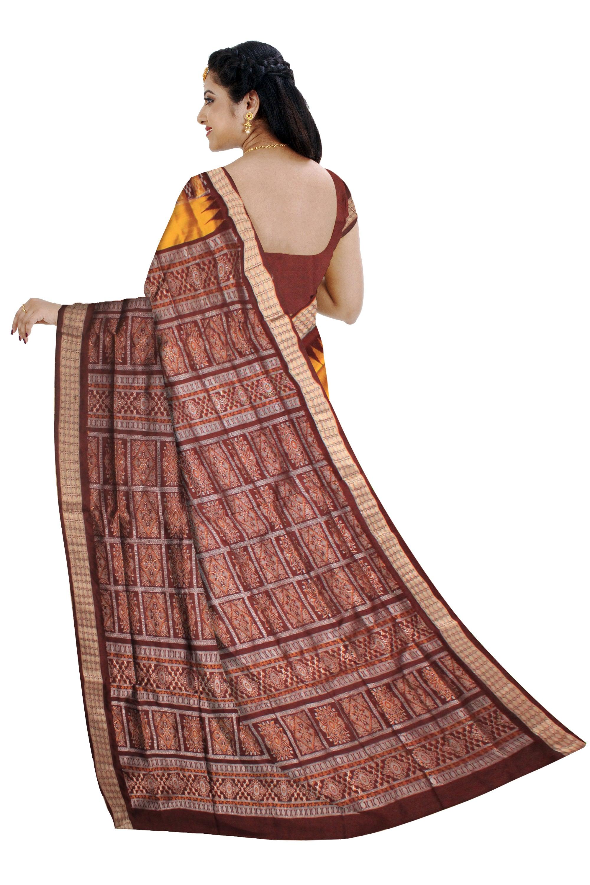 YELLOW AND COFFEE COLOR CHANDUA DESIGN PATA WITH BLOUSE PIECE. - Koshali Arts & Crafts Enterprise