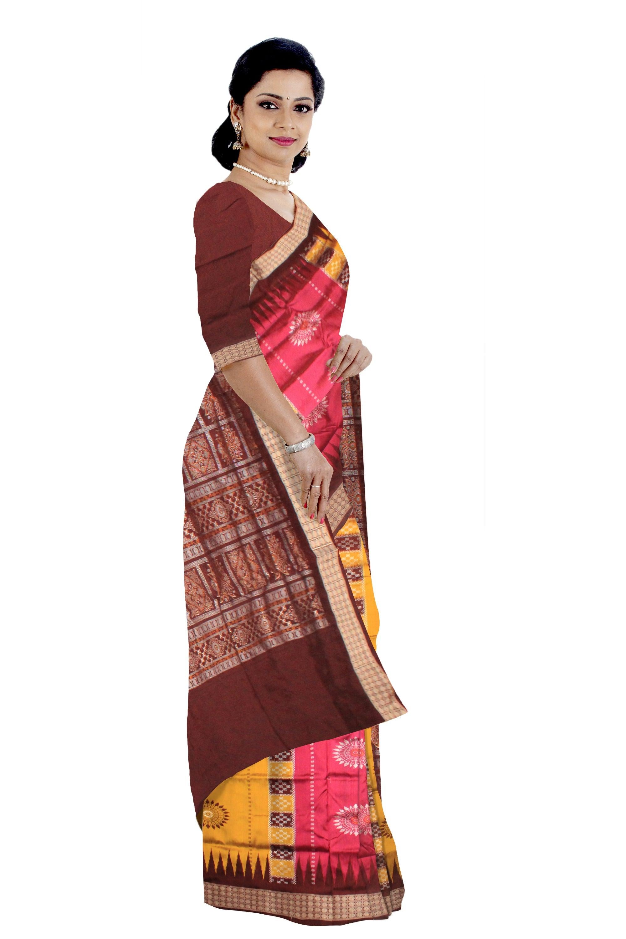 YELLOW, PINK AND MAROON MIX SAMBALPURI PATA SAREE WITH PASAPALI, AND BOMKEI PRINT IN BODY - Koshali Arts & Crafts Enterprise