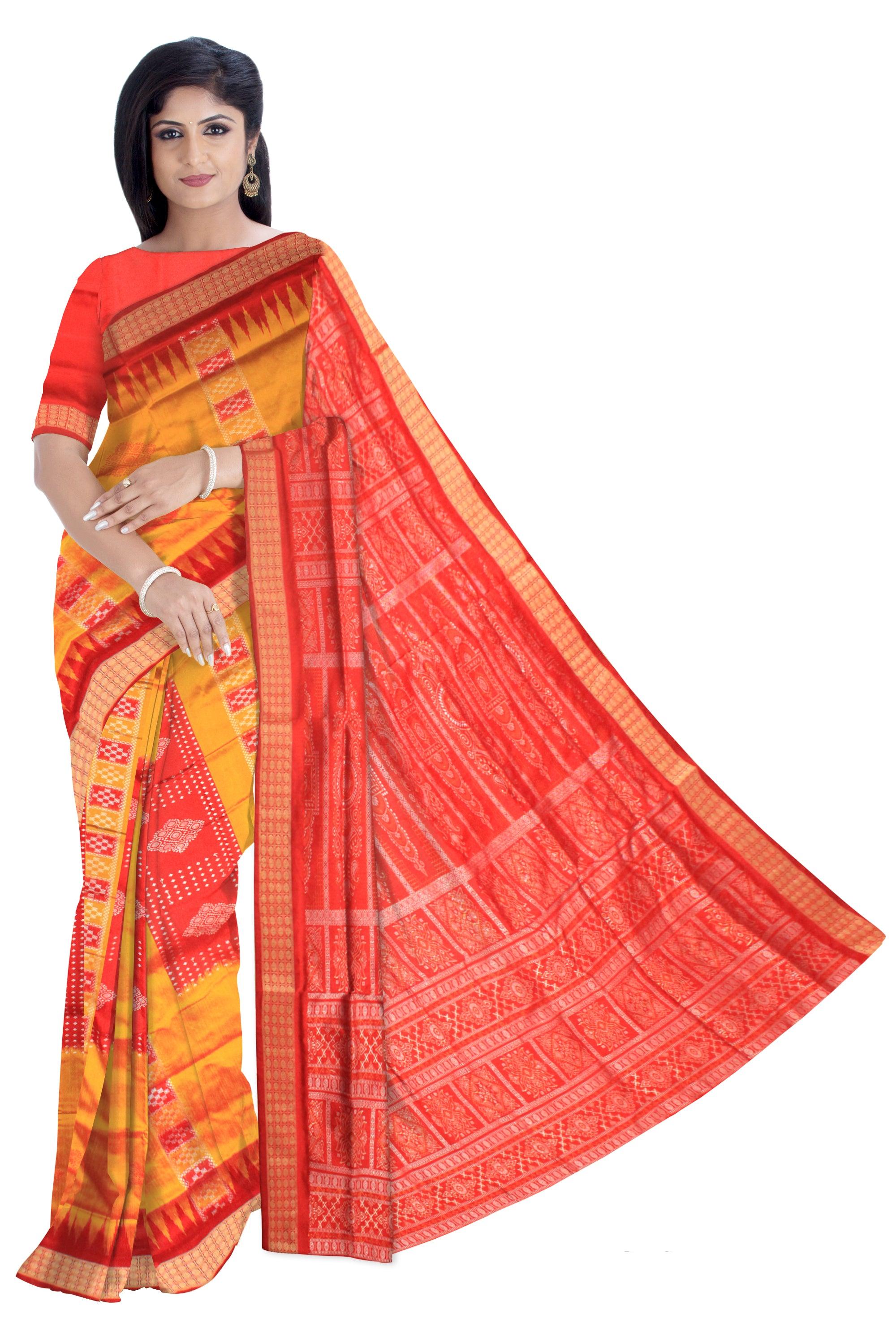 SAMBALPURI PATA IN YELLOW AND RED COLOR , CHANDUA PATA WITH BLOUSE PIECE. - Koshali Arts & Crafts Enterprise