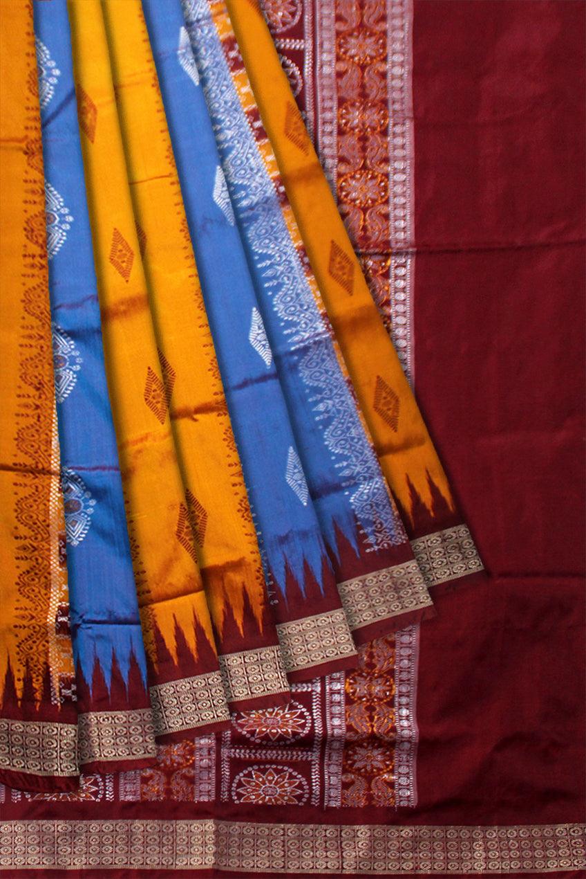 BOMKEI PATA SAREE IN YELLOW, SKY AND MAROON COLOR BASE, AVAILABLE WITH BLOUSE PIECE. - Koshali Arts & Crafts Enterprise
