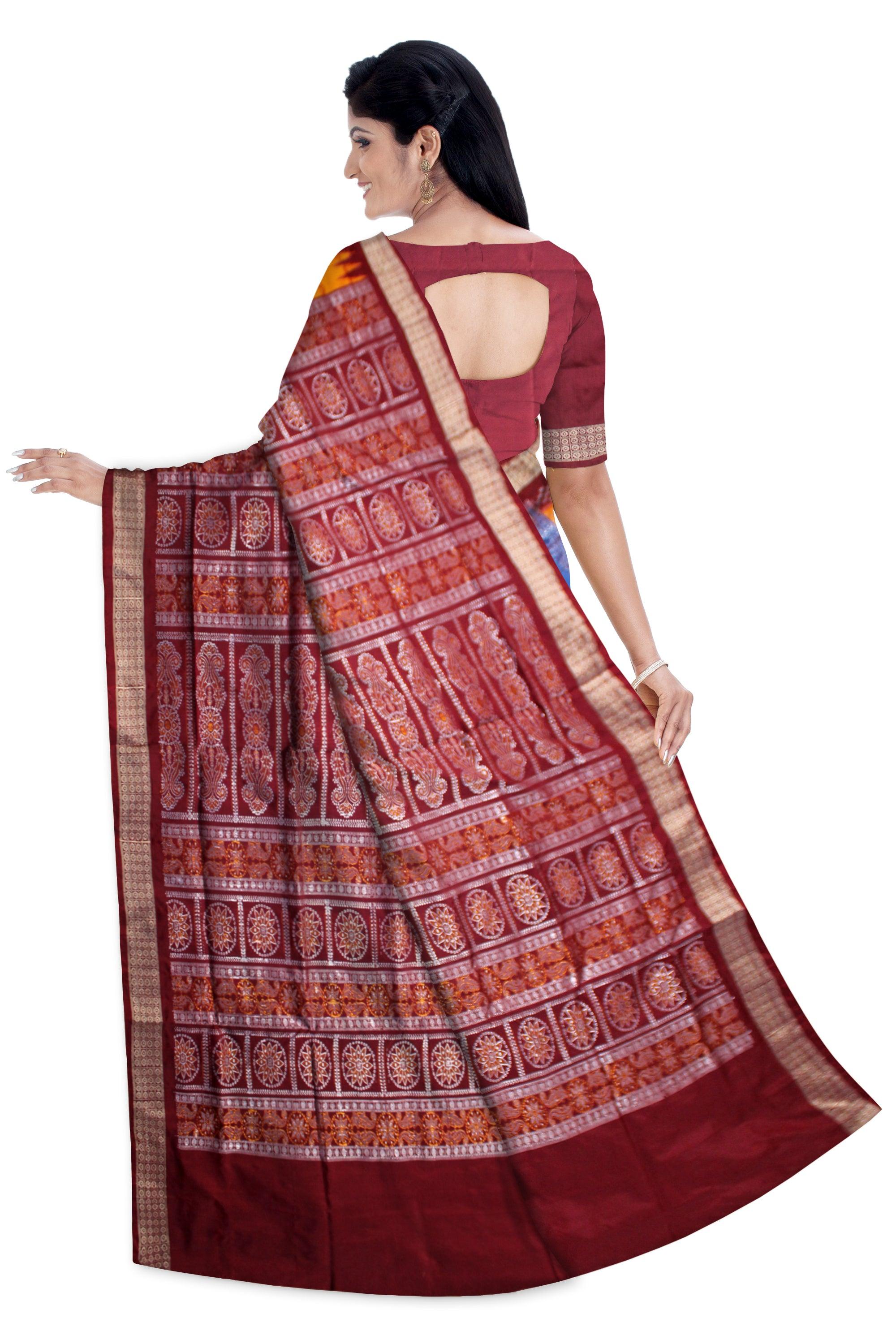 BOMKEI PATA SAREE IN YELLOW, SKY AND MAROON COLOR BASE, AVAILABLE WITH BLOUSE PIECE. - Koshali Arts & Crafts Enterprise