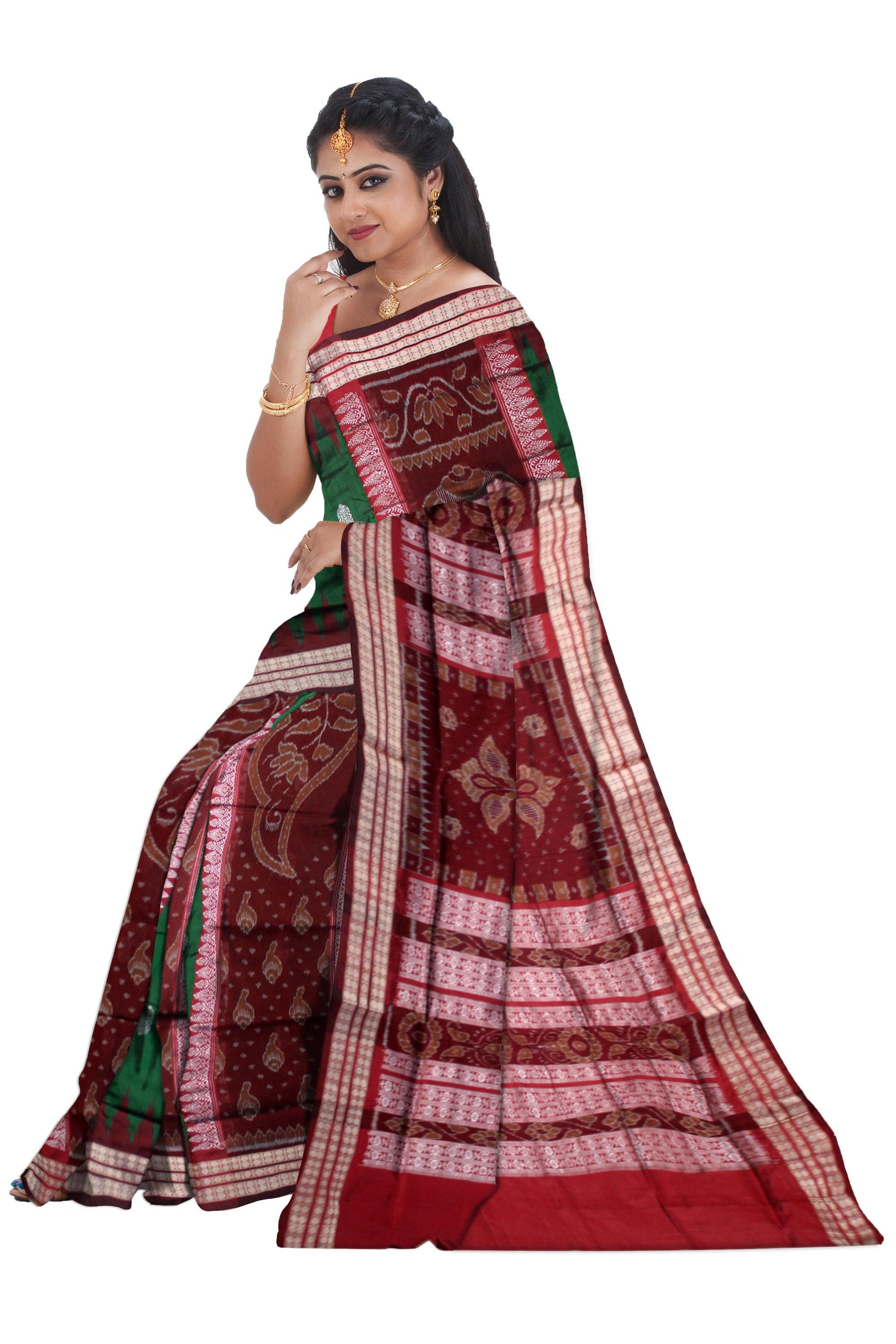 BOMKAI SANKHA DESIGN SONEPUR PATA SAREE IN PERSIAN GREEN AND COFFEE COLOR, AVAILABLE WITH BLOUSE PIECE. - Koshali Arts & Crafts Enterprise