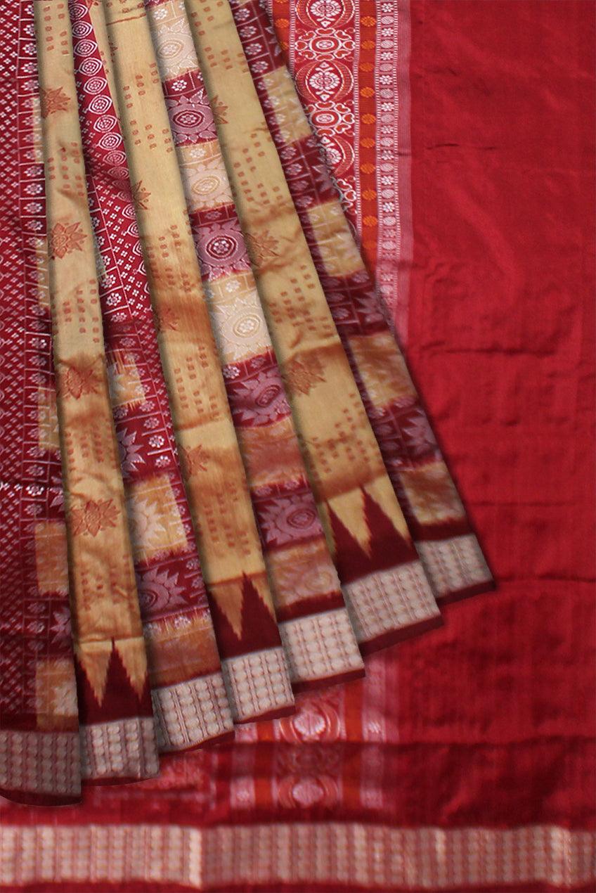 SONEPUR CHANDUA PATA SAREE IN GOLDEN AND  RED COLOR , WITH BLOUSE PIECE. - Koshali Arts & Crafts Enterprise