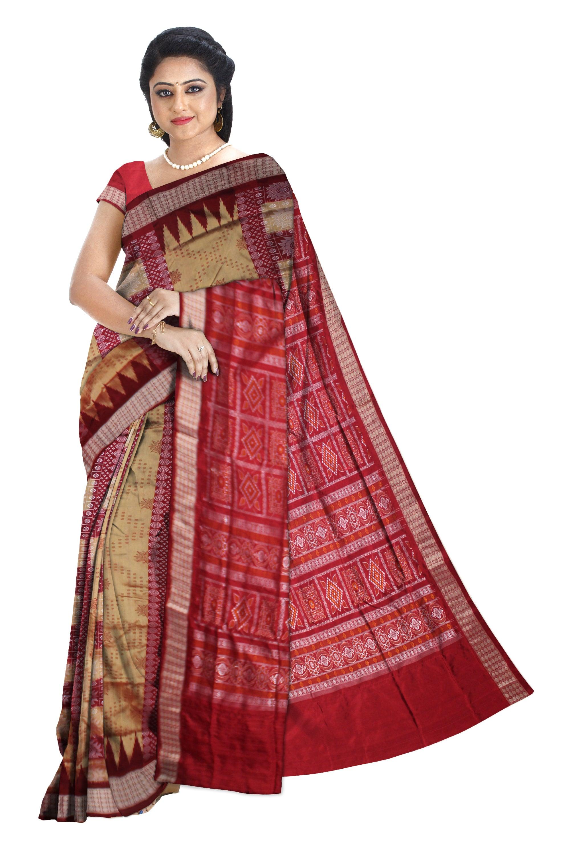 SONEPUR CHANDUA PATA SAREE IN GOLDEN AND  RED COLOR , WITH BLOUSE PIECE. - Koshali Arts & Crafts Enterprise