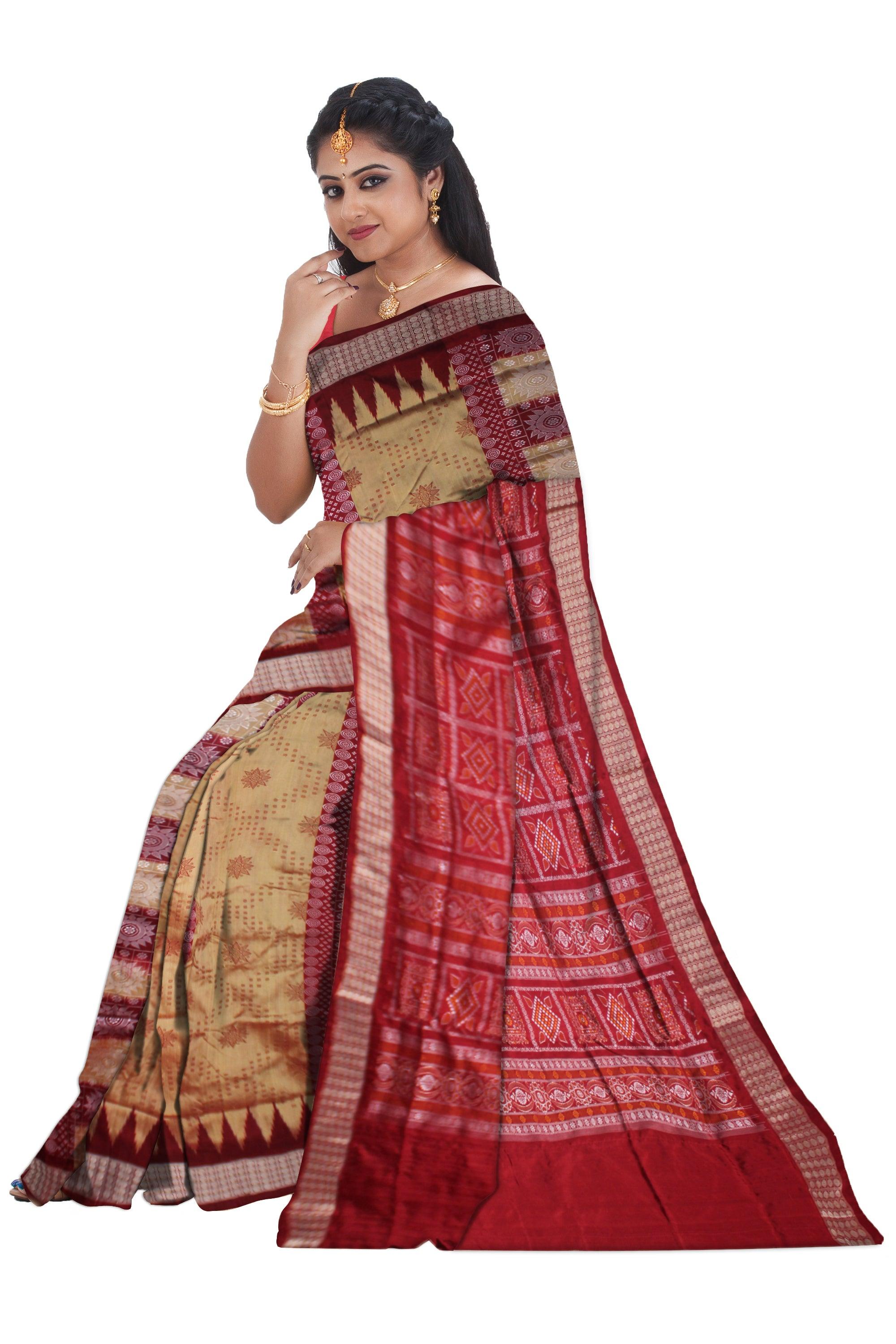 SONEPUR CHANDUA PATA SAREE IN GOLDEN AND  RED COLOR , WITH BLOUSE PIECE. - Koshali Arts & Crafts Enterprise