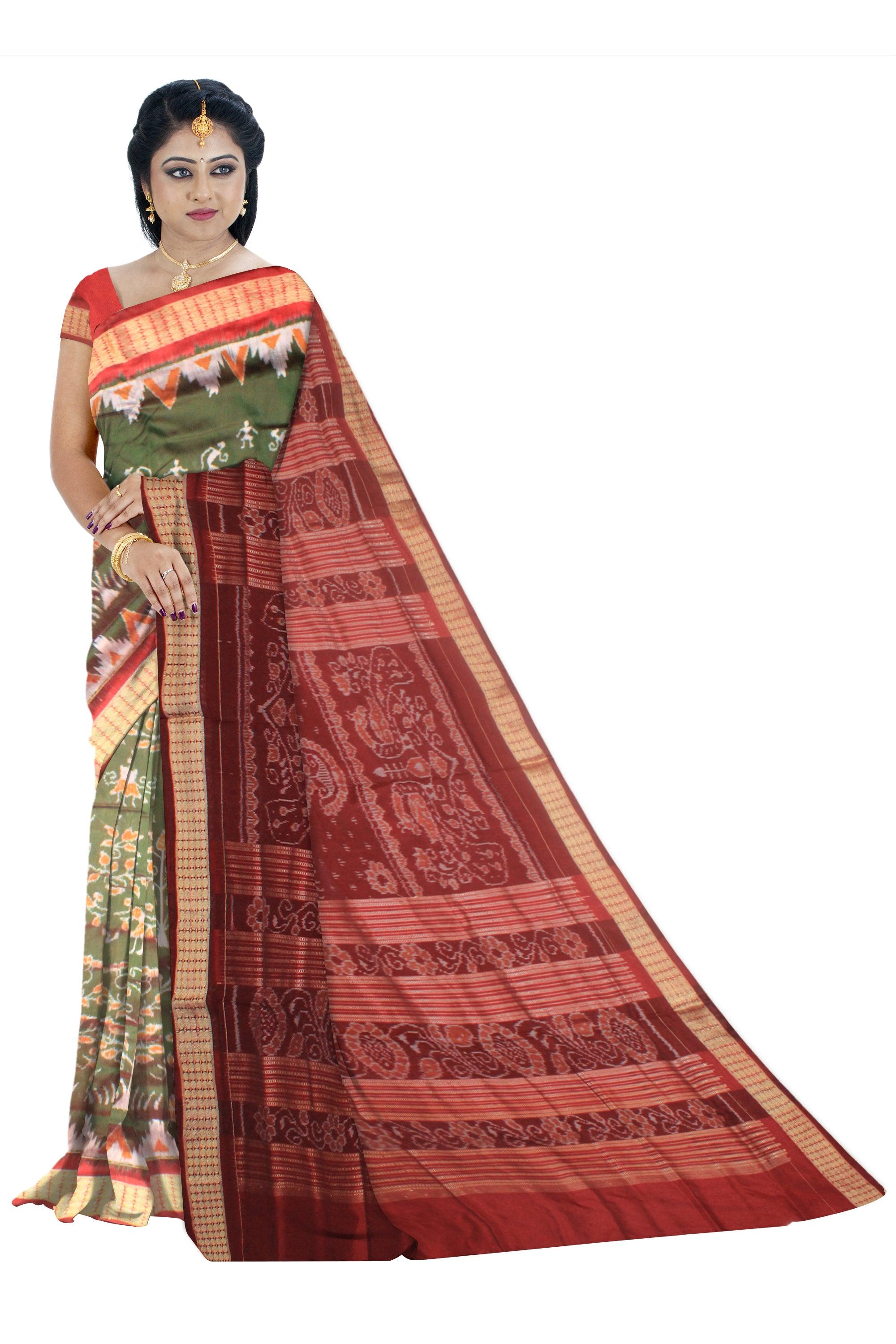 A SONEPUR PURE PATA SAREE IN MEHENDI AND RED COLOR, WITH BLOUSE PIECE. - Koshali Arts & Crafts Enterprise