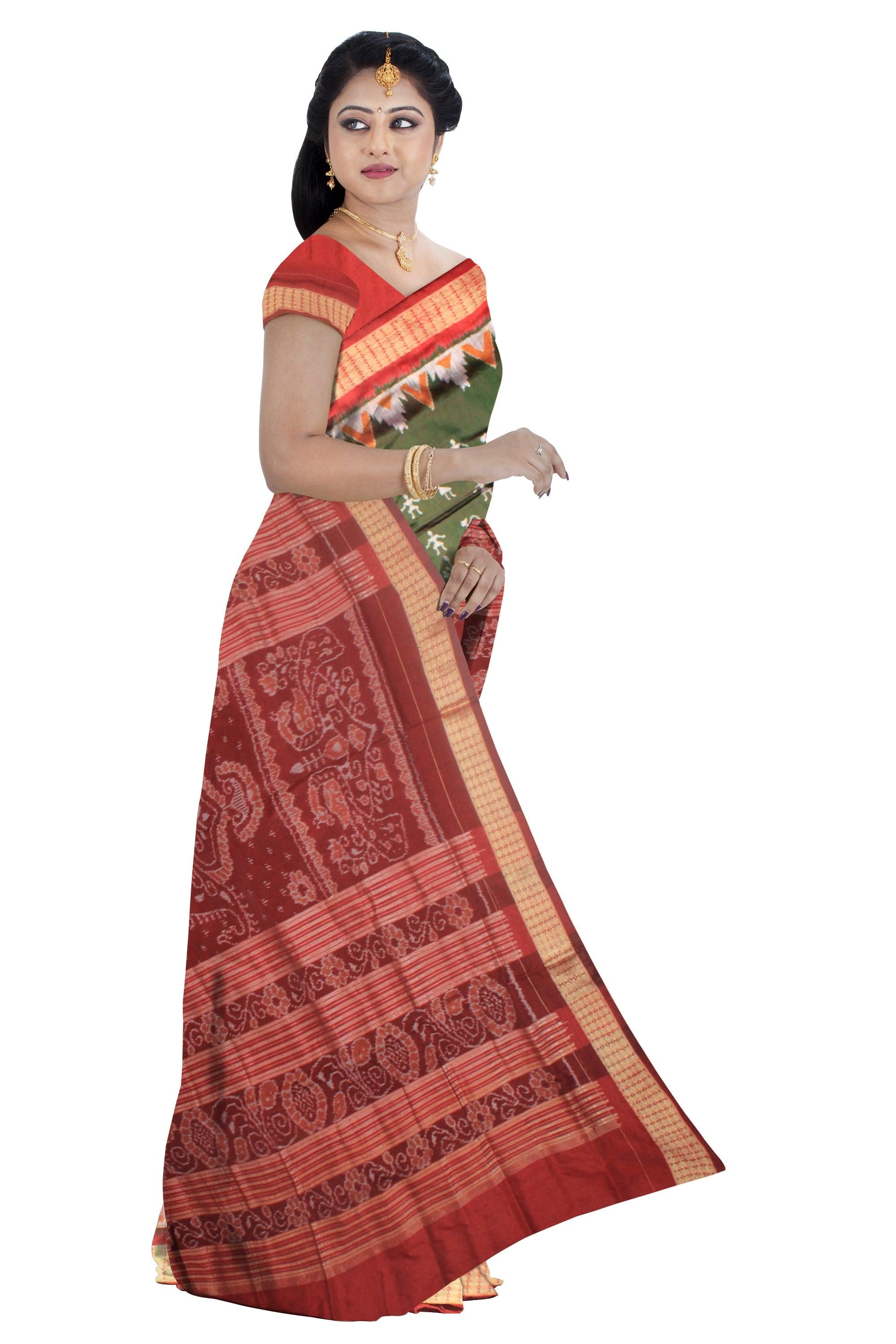 A SONEPUR PURE PATA SAREE IN MEHENDI AND RED COLOR, WITH BLOUSE PIECE. - Koshali Arts & Crafts Enterprise