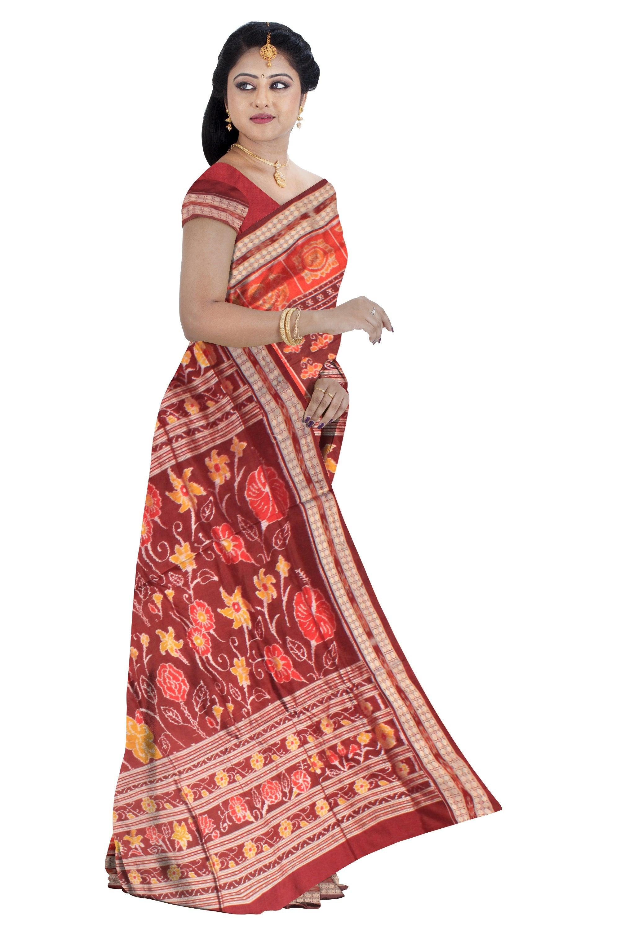 SONEPUR HANDLOOM NABAKOTHI DESIGN PURE SILK SAREE IN VERMILLION AND COFFEE COLOR. ATTACHED BLOUSE PIECE. - Koshali Arts & Crafts Enterprise