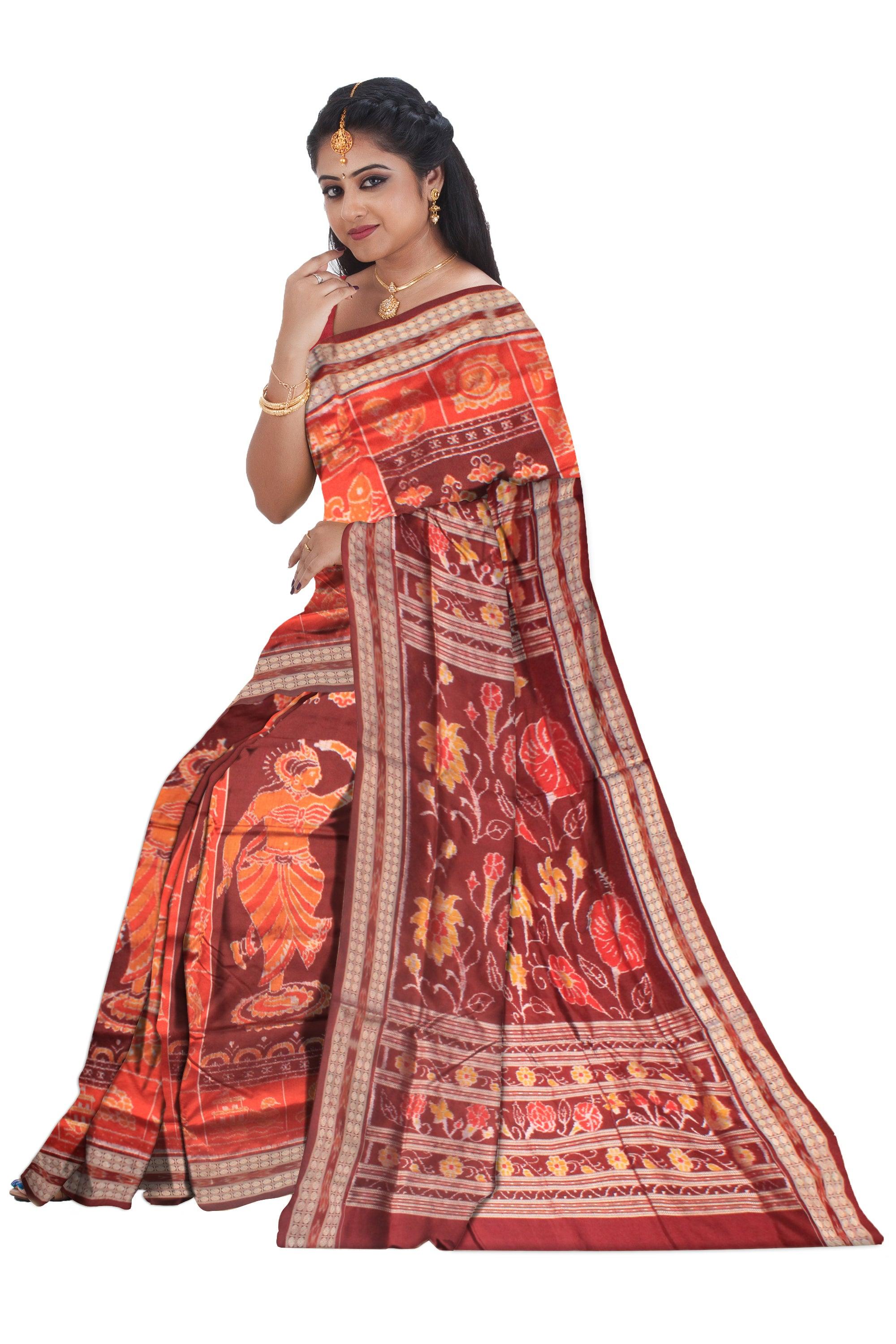 SONEPUR HANDLOOM NABAKOTHI DESIGN PURE SILK SAREE IN VERMILLION AND COFFEE COLOR. ATTACHED BLOUSE PIECE. - Koshali Arts & Crafts Enterprise